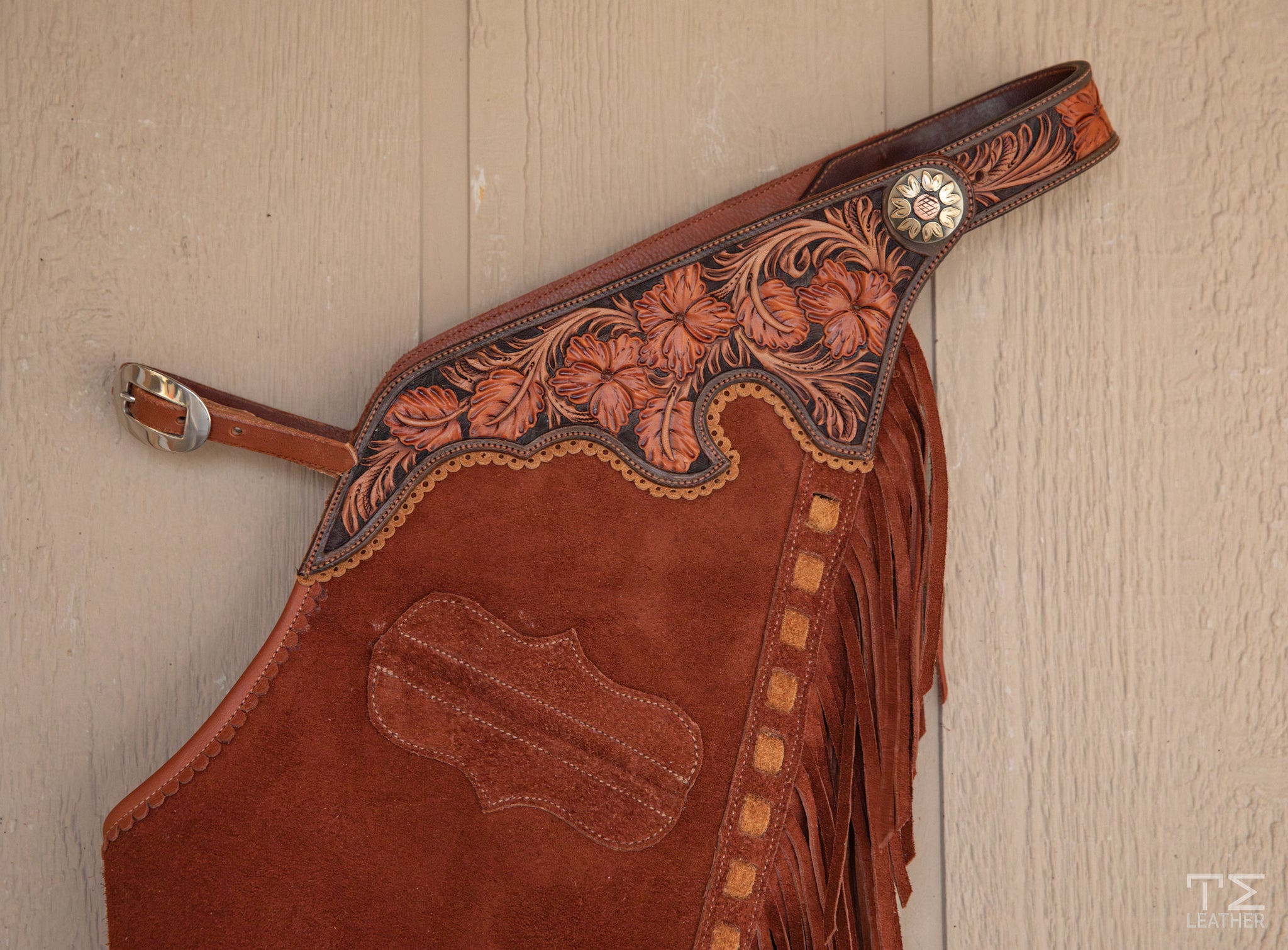 Rust Roughout Chaps w/ Chocolate, Medium Brown, & Rust Floral Yokes and Pocket