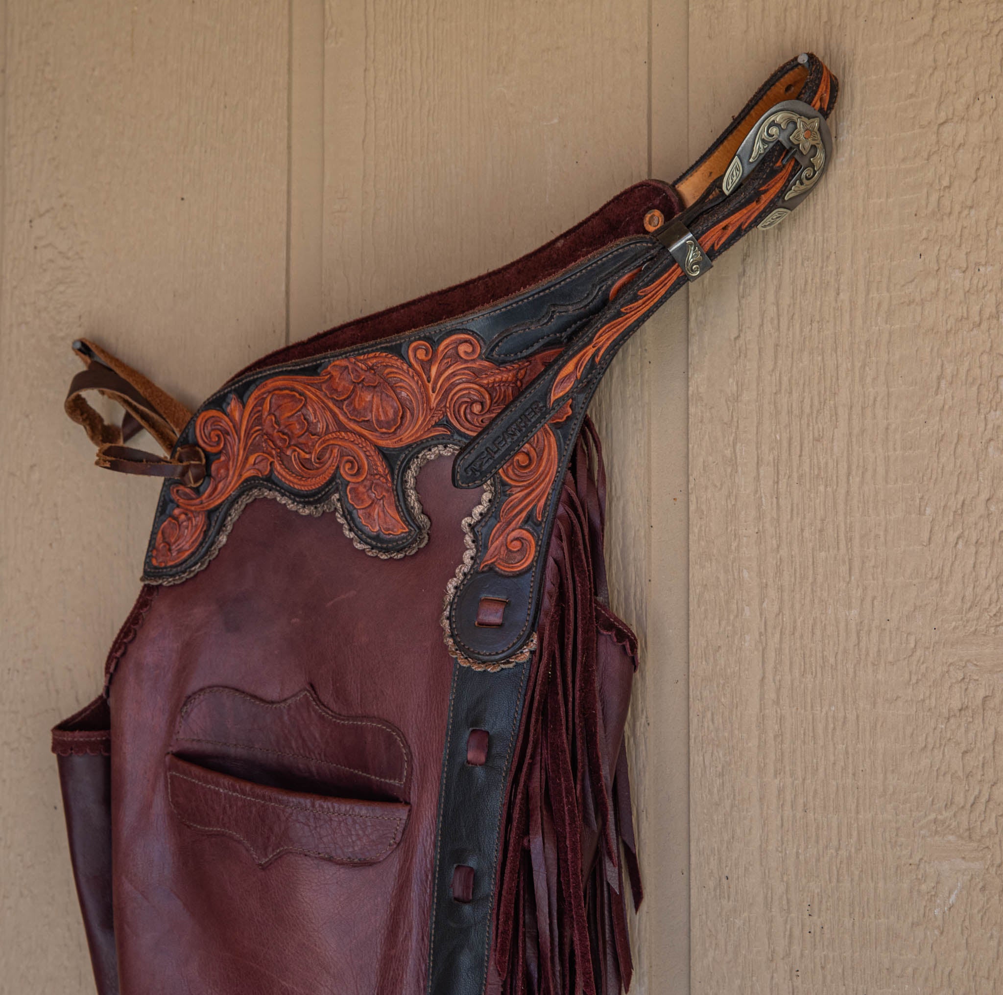 Burgundy Smooth-out Chaps w/ Black & Mahogany Floral Yokes and Pocket