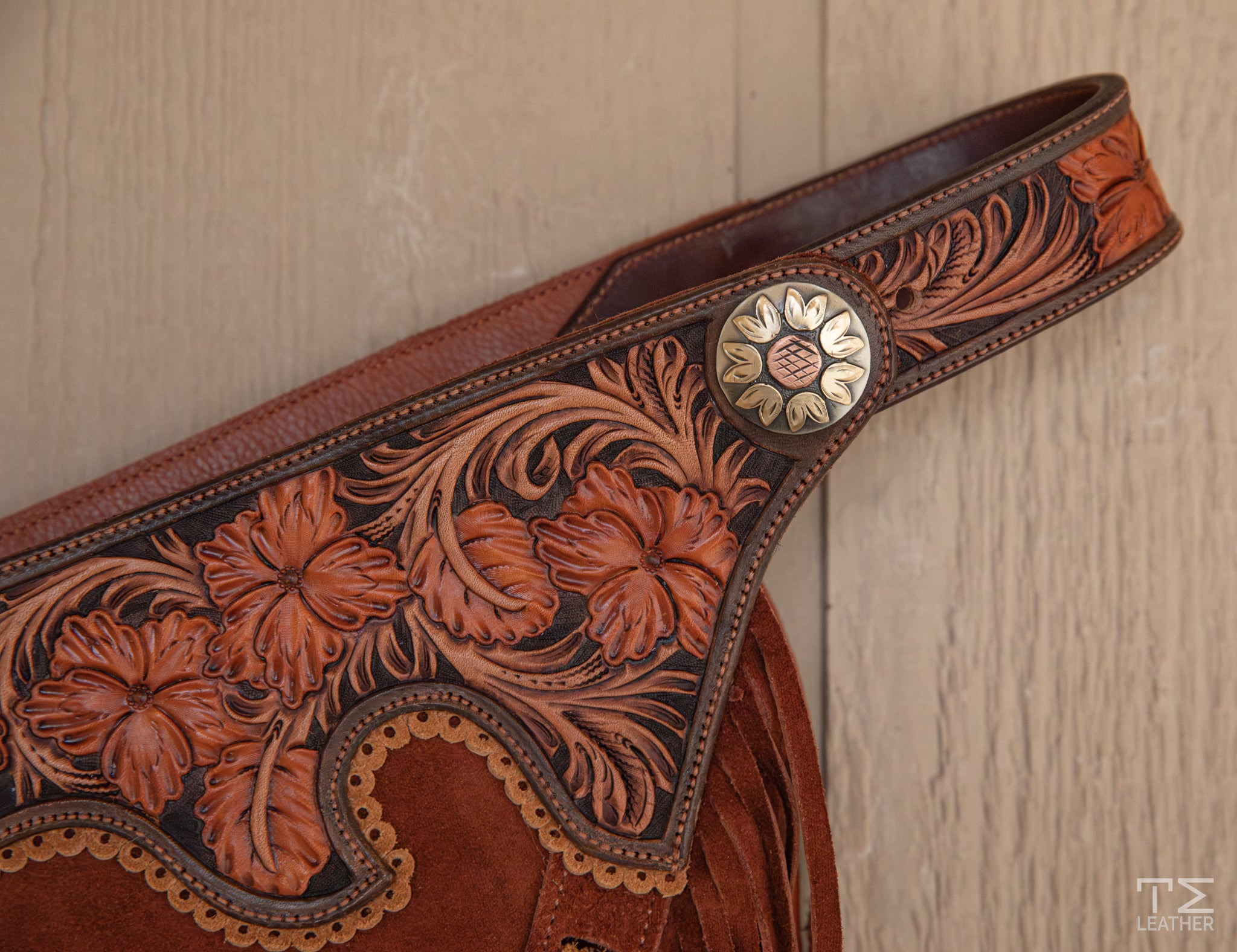 Rust Roughout Chaps w/ Chocolate, Medium Brown, & Rust Floral Yokes and Pocket