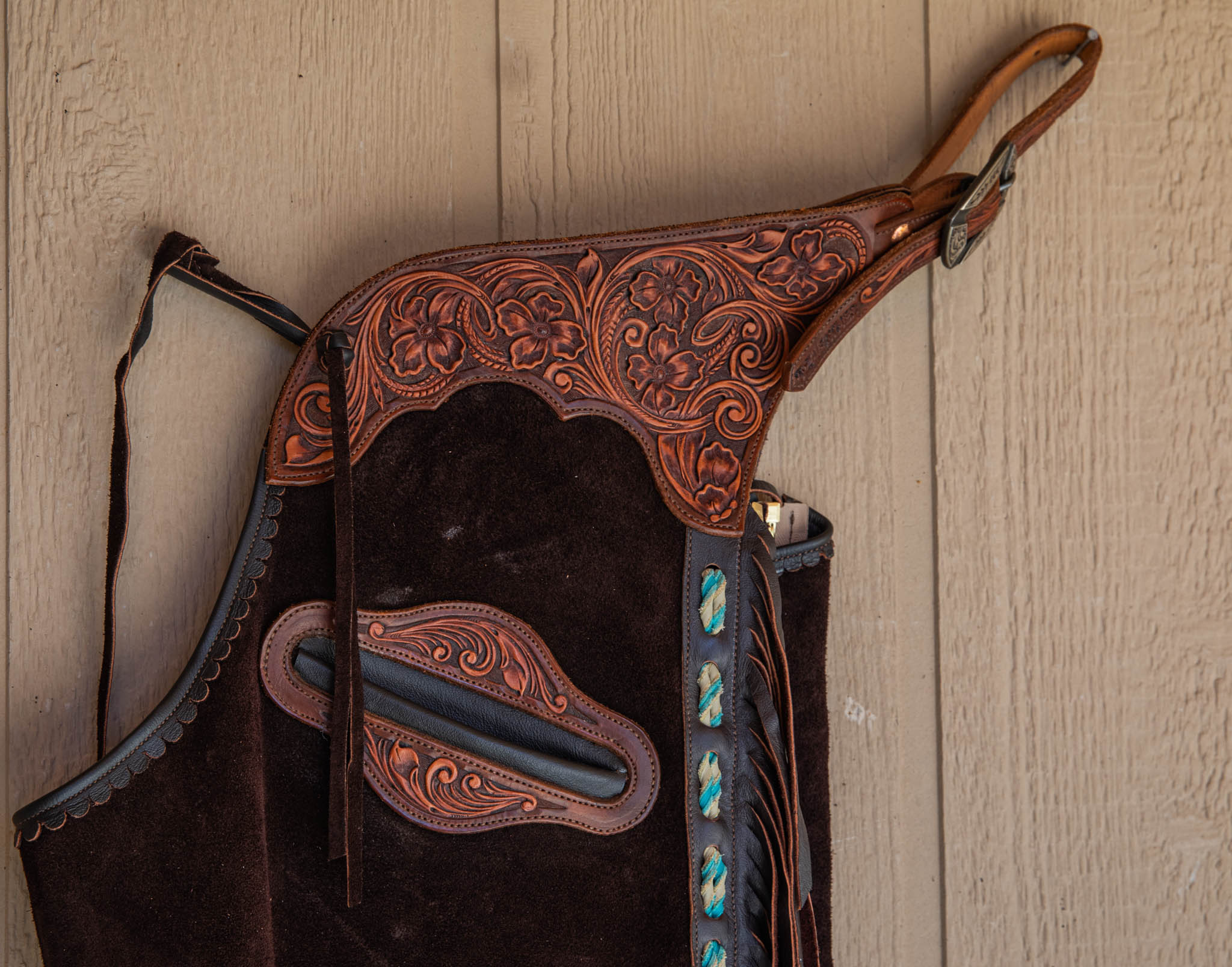 Chocolate Roughout Chaps w/ Walnut & Medium Brown Floral Yokes and Pocket