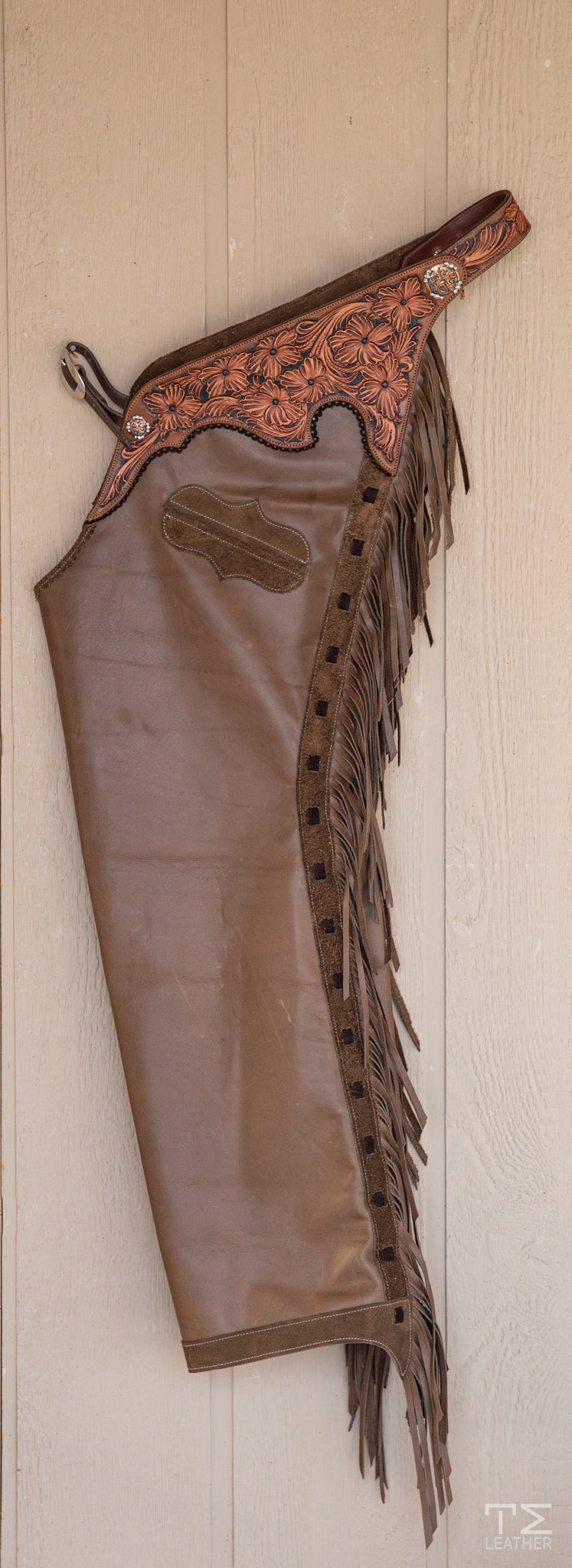 Taupe Smooth-out Chaps w/ Black, Lt. Brown & Walnut Floral Yokes & Pocket