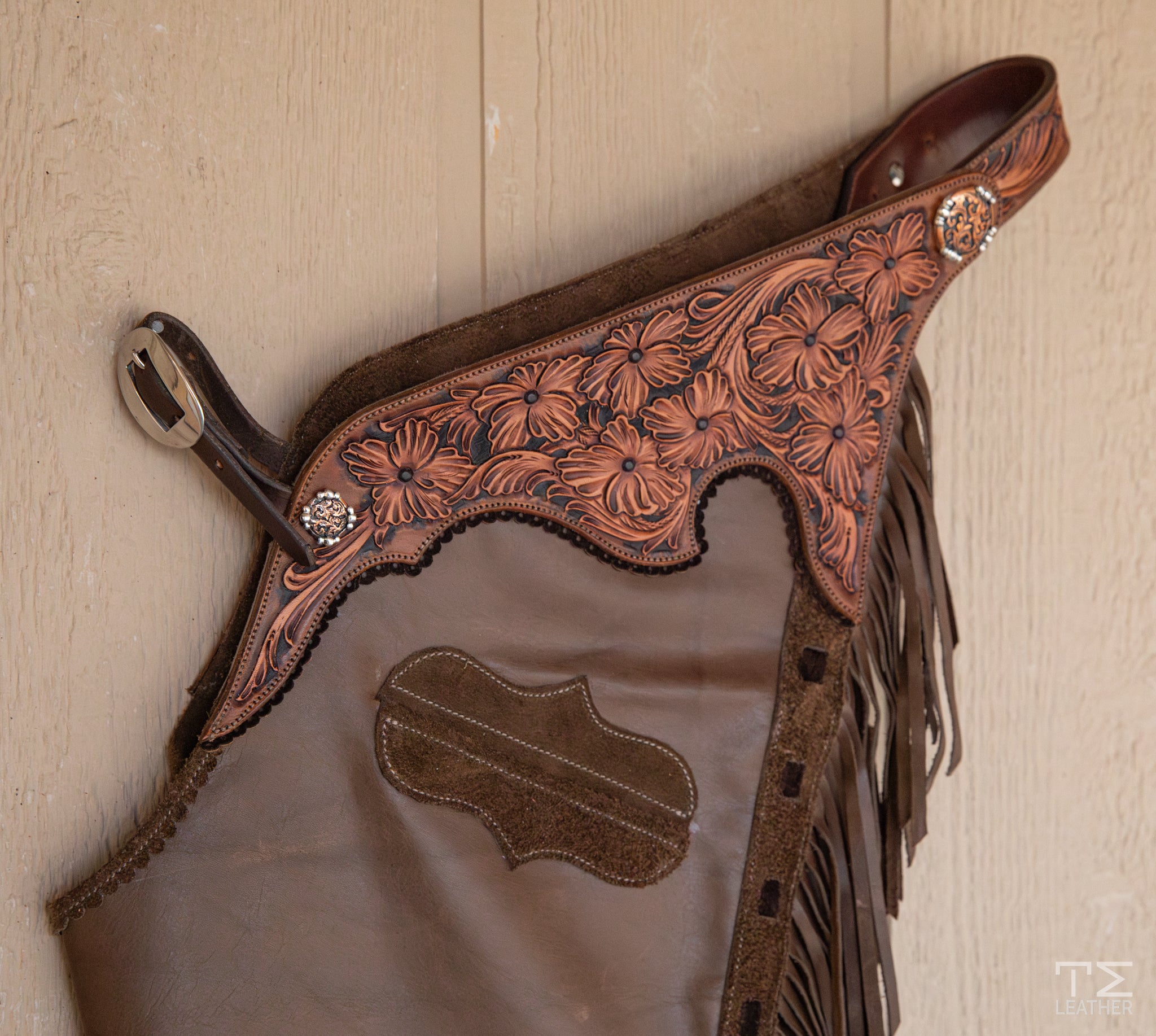 Taupe Smooth-out Chaps w/ Black, Lt. Brown & Walnut Floral Yokes & Pocket