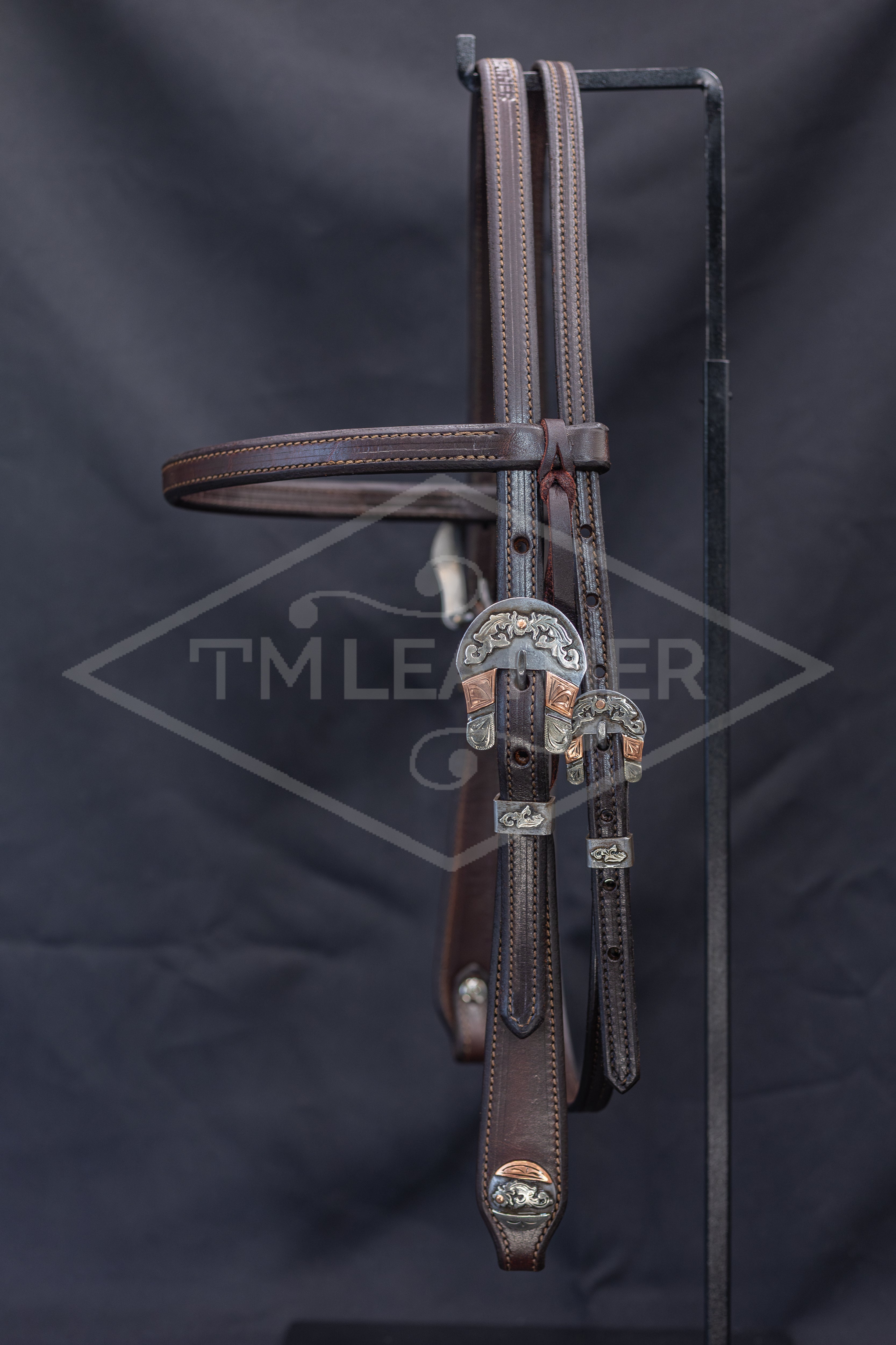 English Bridle Browband w/ Silver Floral/Copper Buckle & Matching Conchos