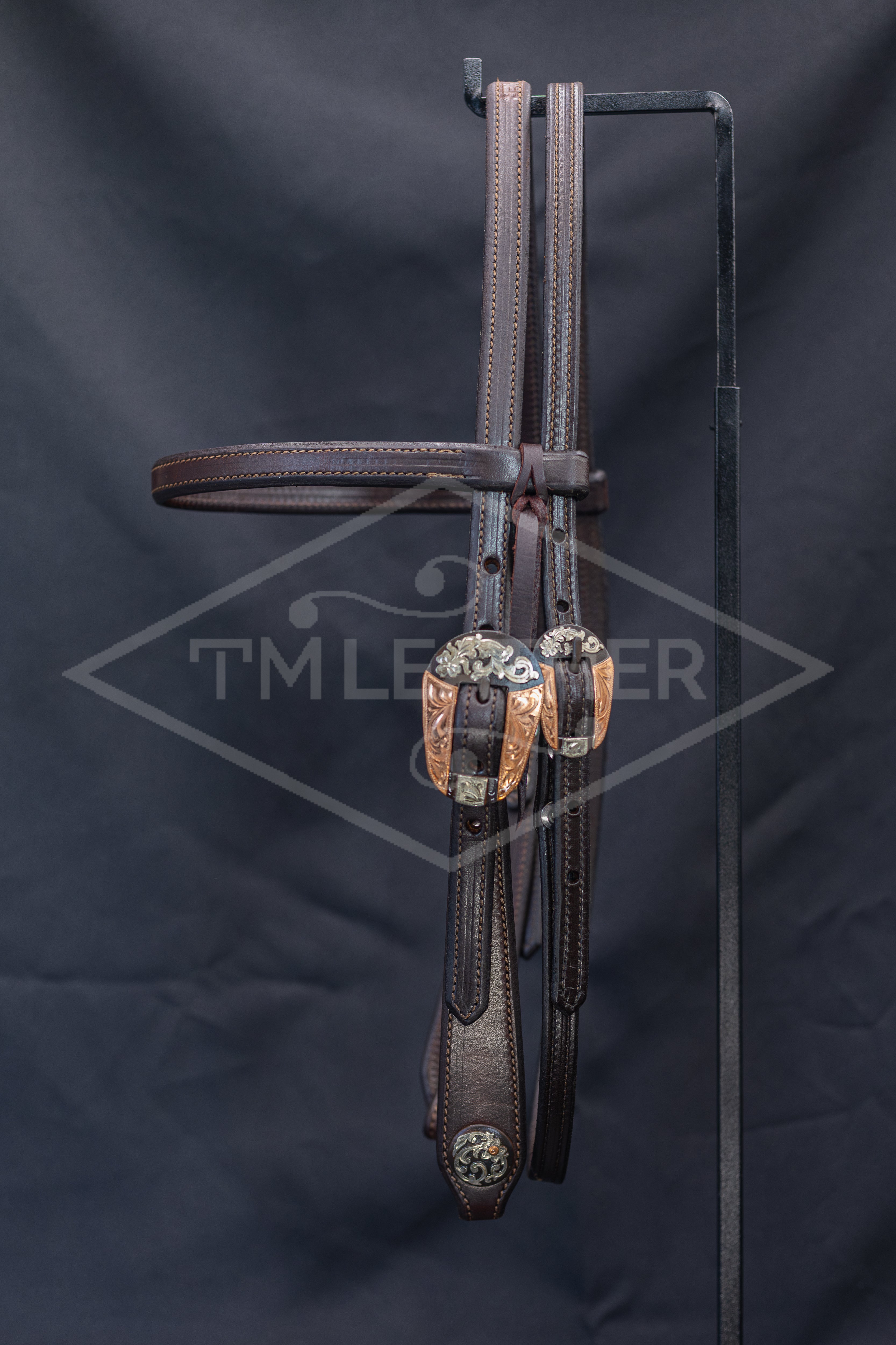 English Bridle Browband w/ TM Leather Browned Tapered Oval Floral & Copper Buckles & Matching Round Conchos
