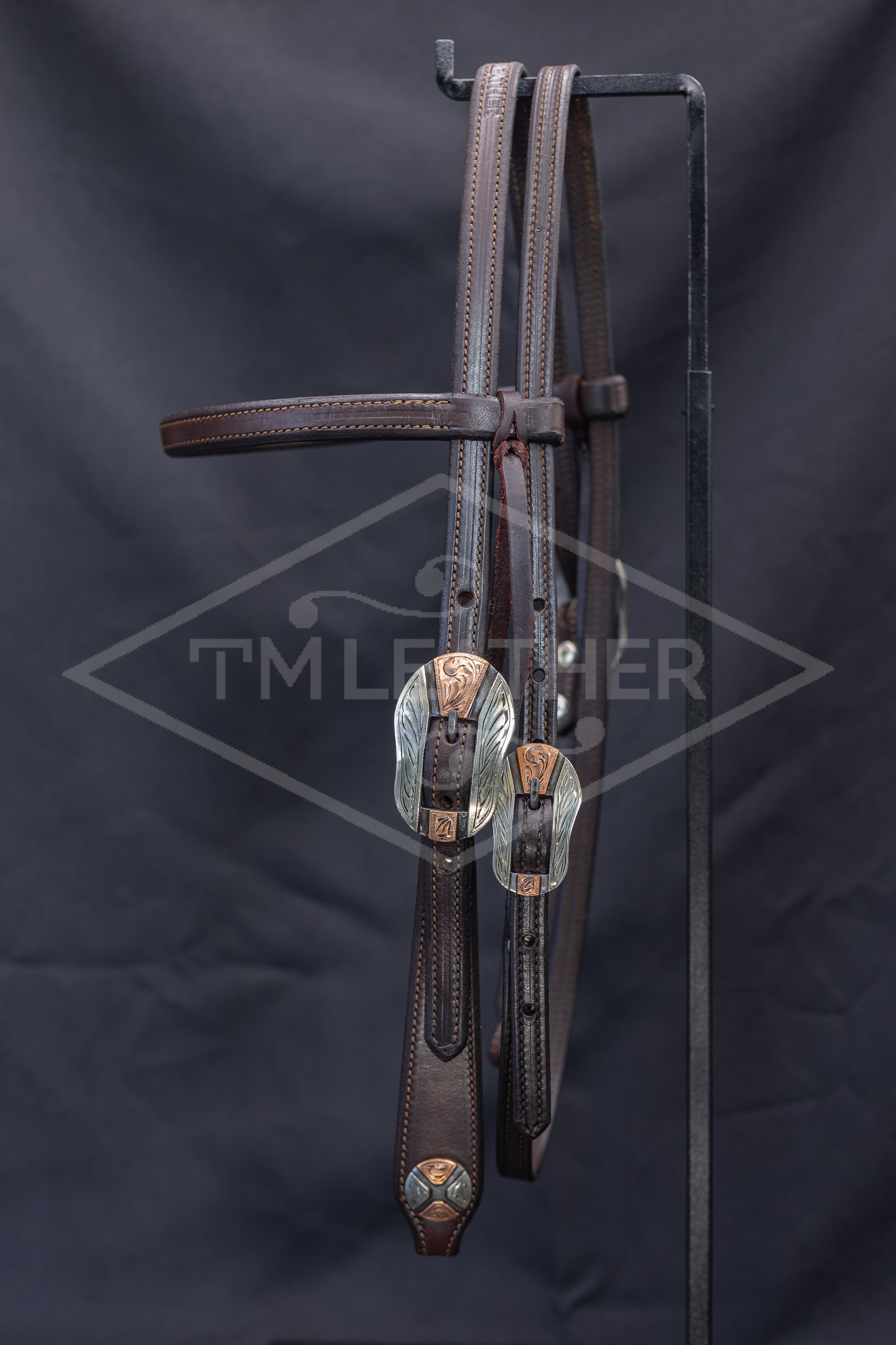 English Bridle Browband w/ Silver Oblong Floral & Copper Buckles & Matching Round Conchos