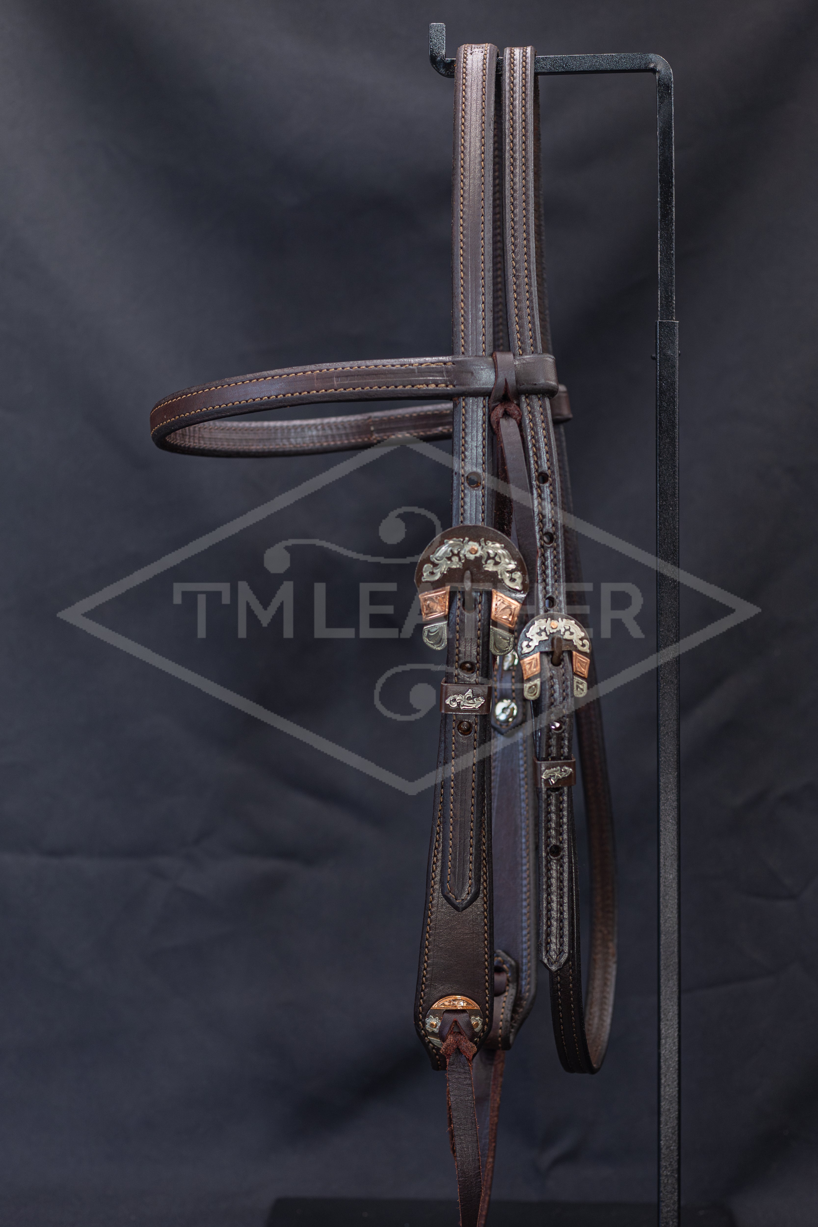 English Bridle Browband w/ Browned Floral/Copper Buckle & Matching Conchos