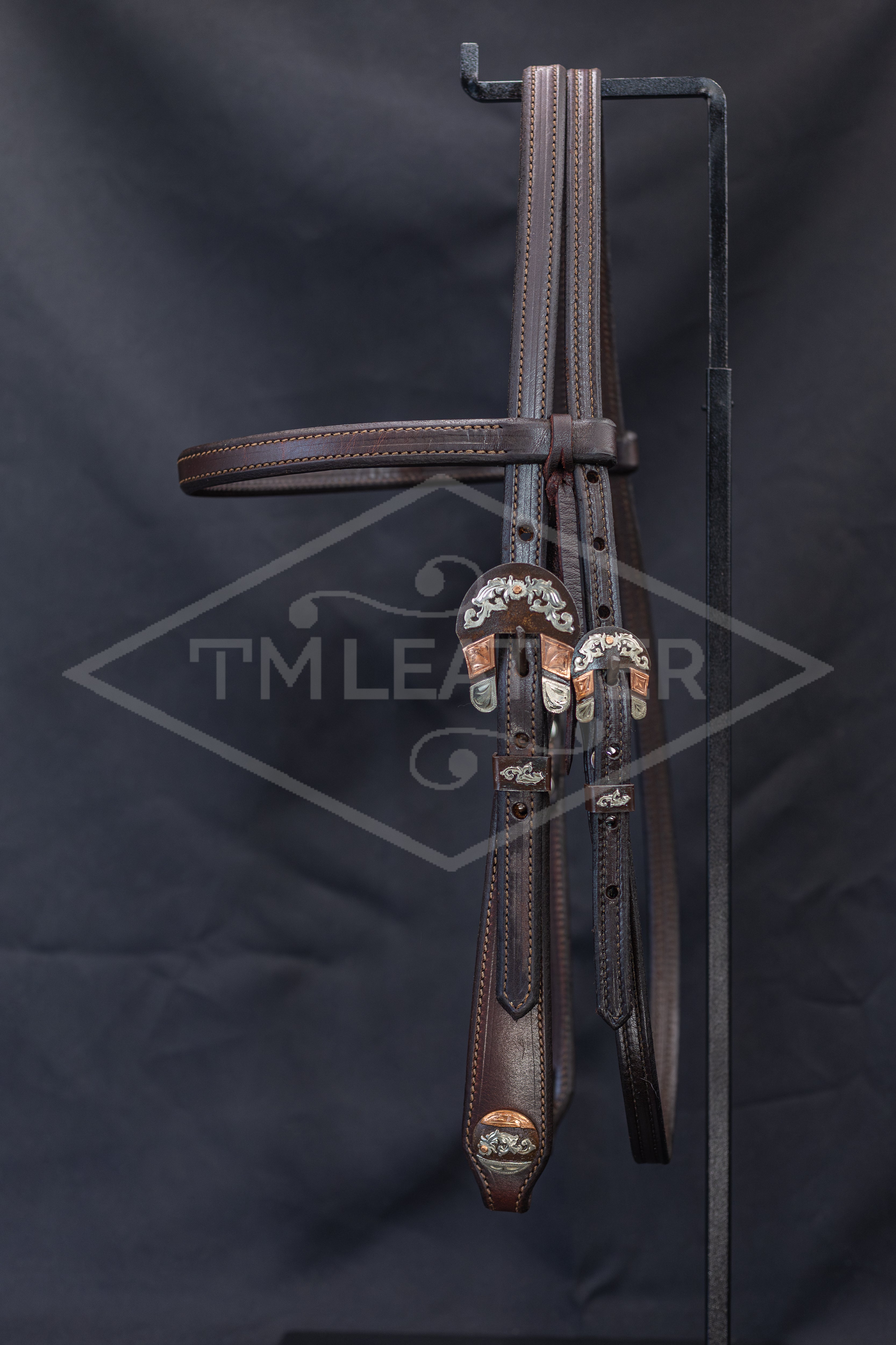 English Bridle Browband w/ Browned Floral/Copper Buckle & Matching Conchos