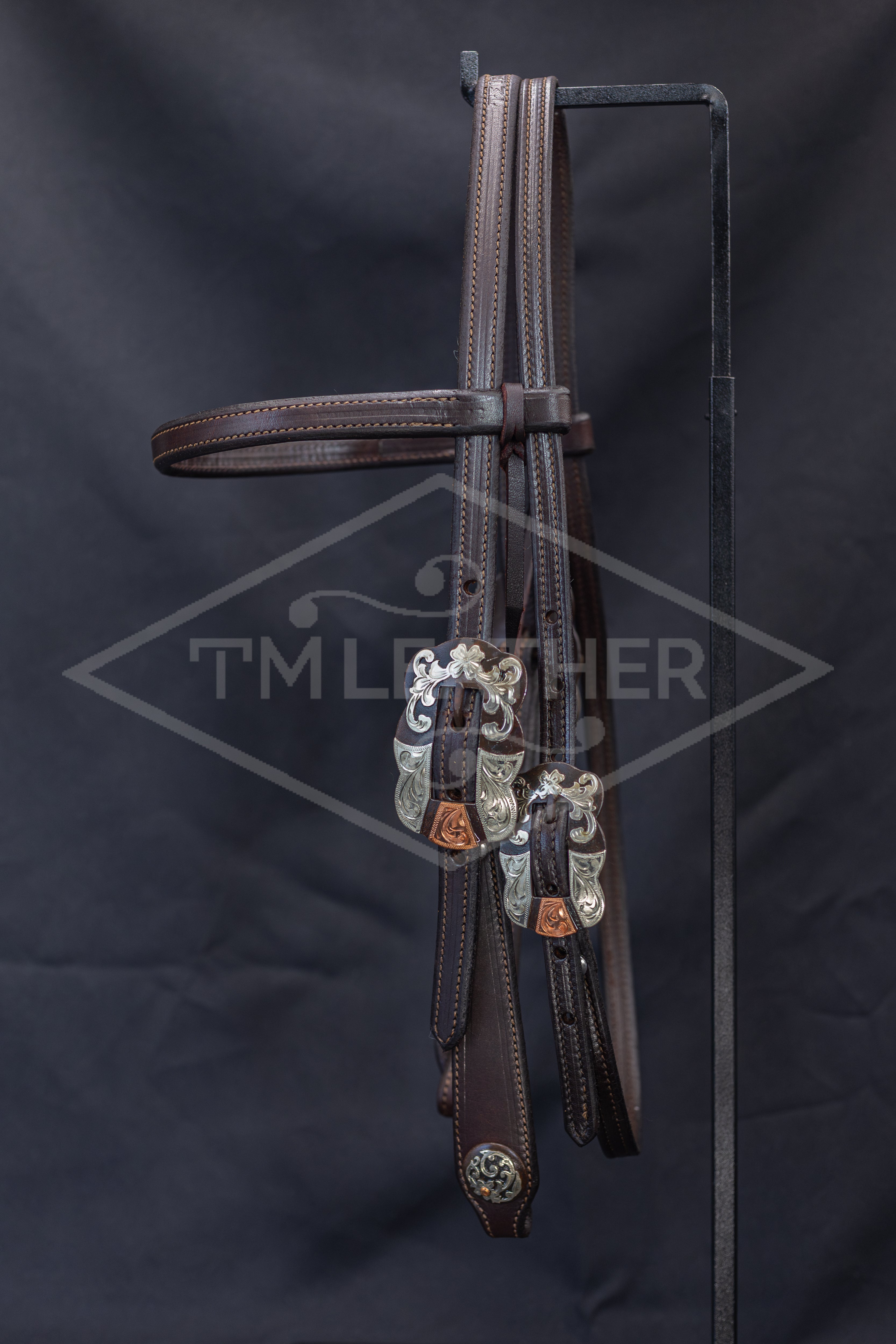 English Bridle Browband w/ Large Cart Browned Floral & Copper Buckles & Matching Conchos