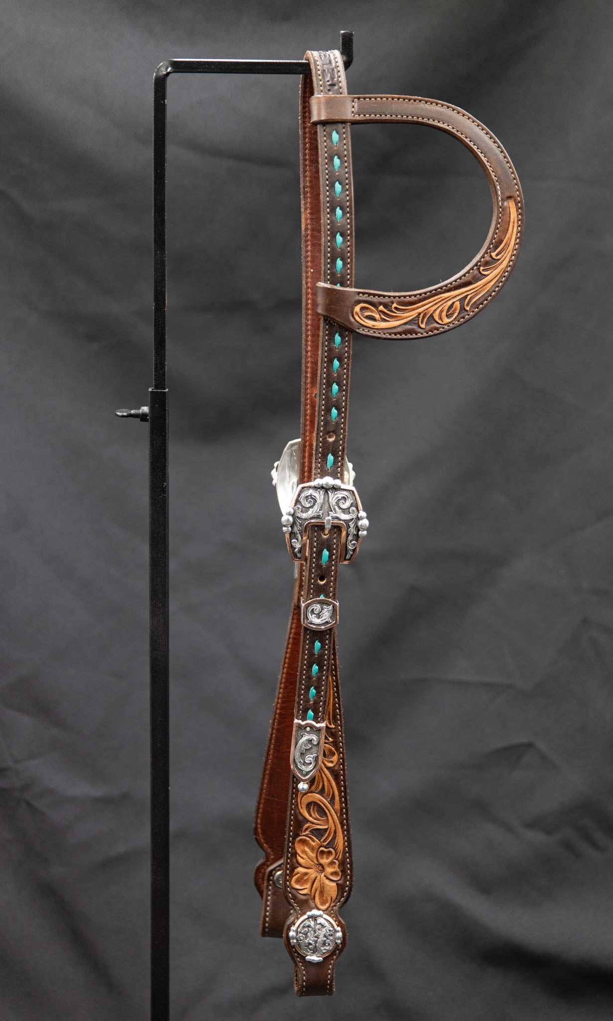 Slide Ear Chocolate & Light Brown Floral w/ Teal Buckstitch & Engraved Silver Plated Hardware w/ Copper Accents