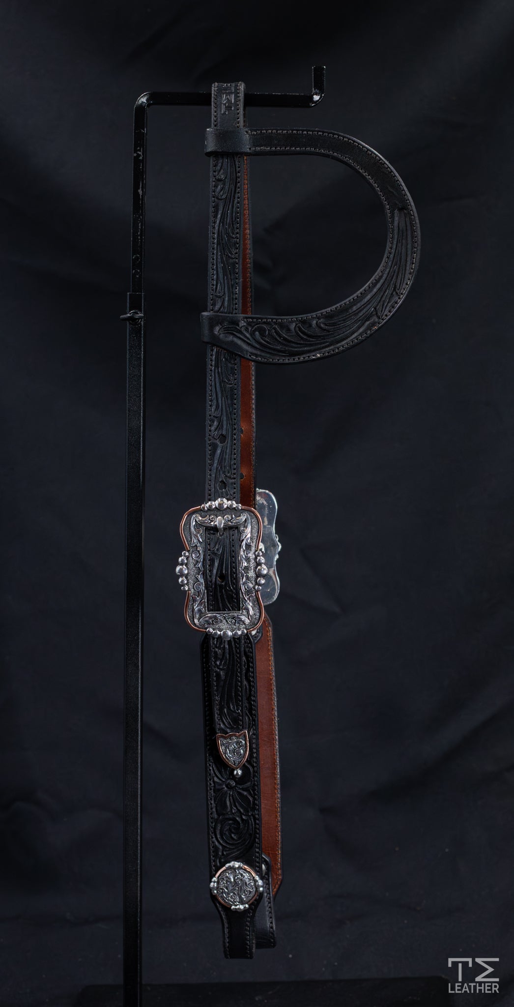 Slide Ear Black Floral w/ Engraved Silver Plated Hardware & Matching Conchos