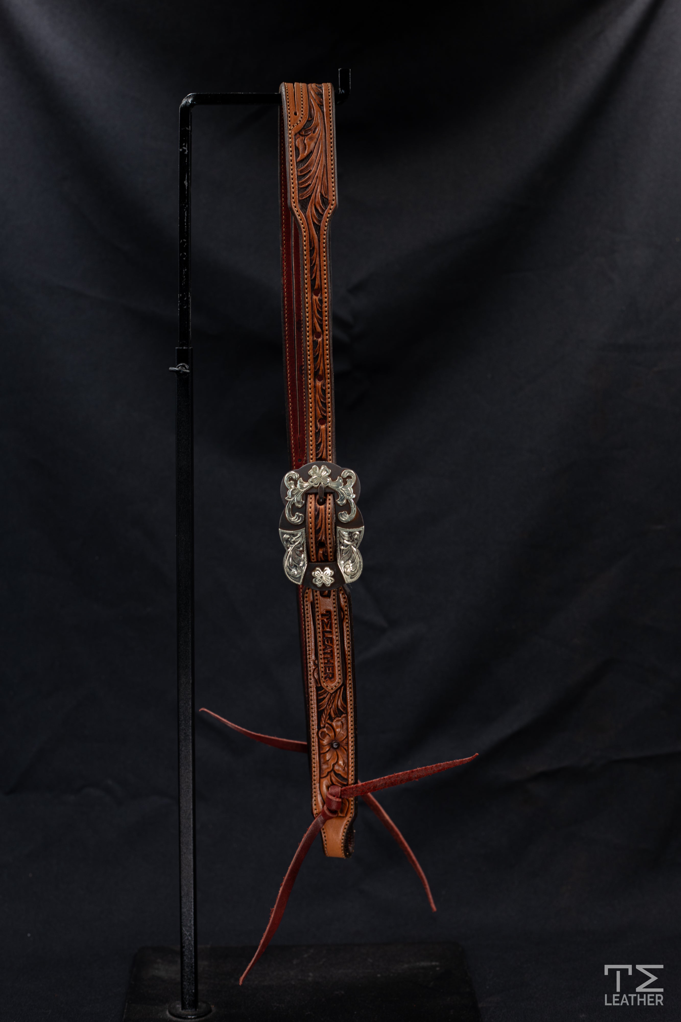 Slit Ear Saddle Tan & Chocolate Floral Slit Ear Headstall w/ TM Leather Browned Large Scalloped Floral Buckle