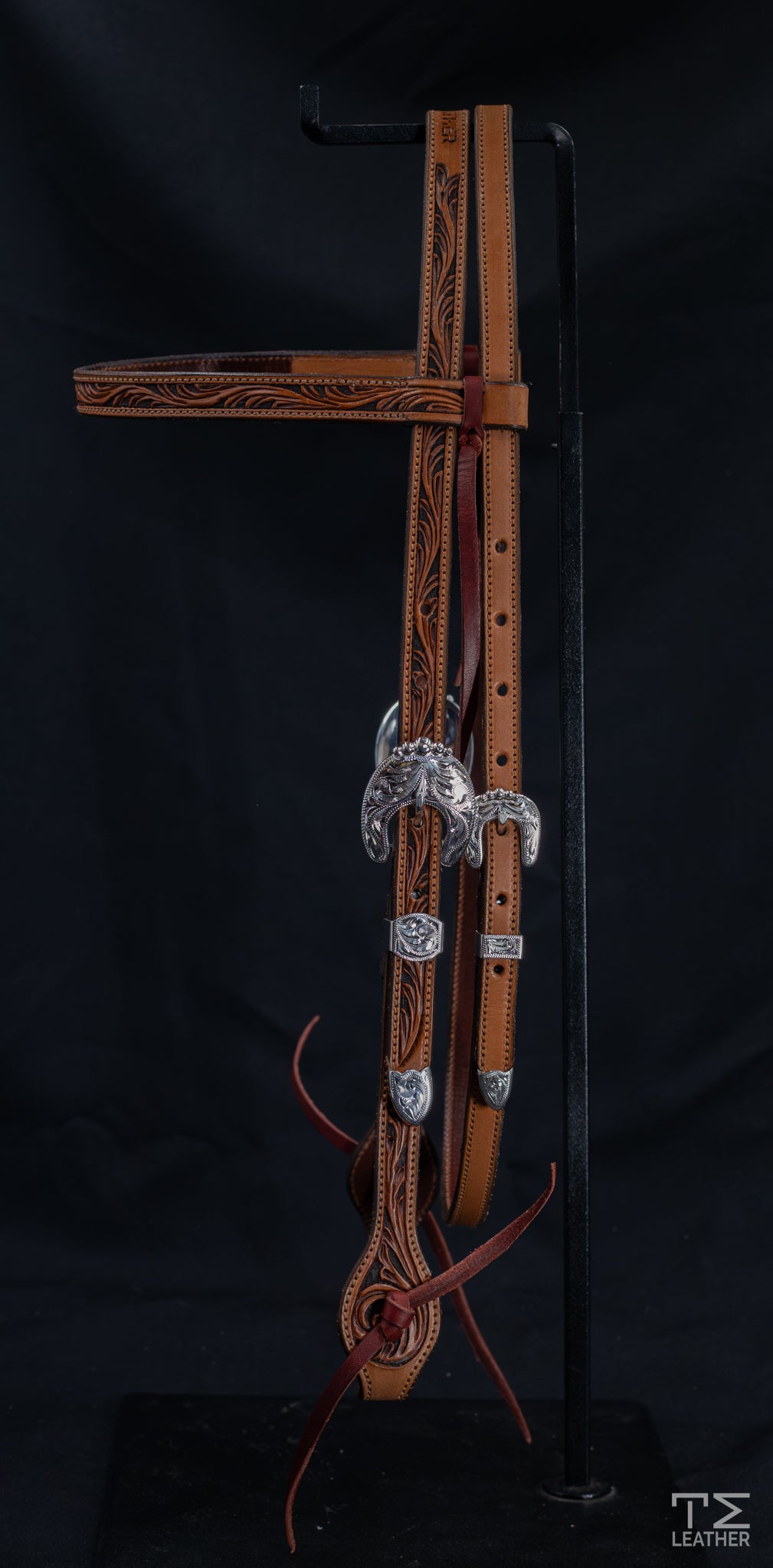 Browband Light Saddle Tan & Chocolate Floral w/ Engraved Silver Plated Hardware