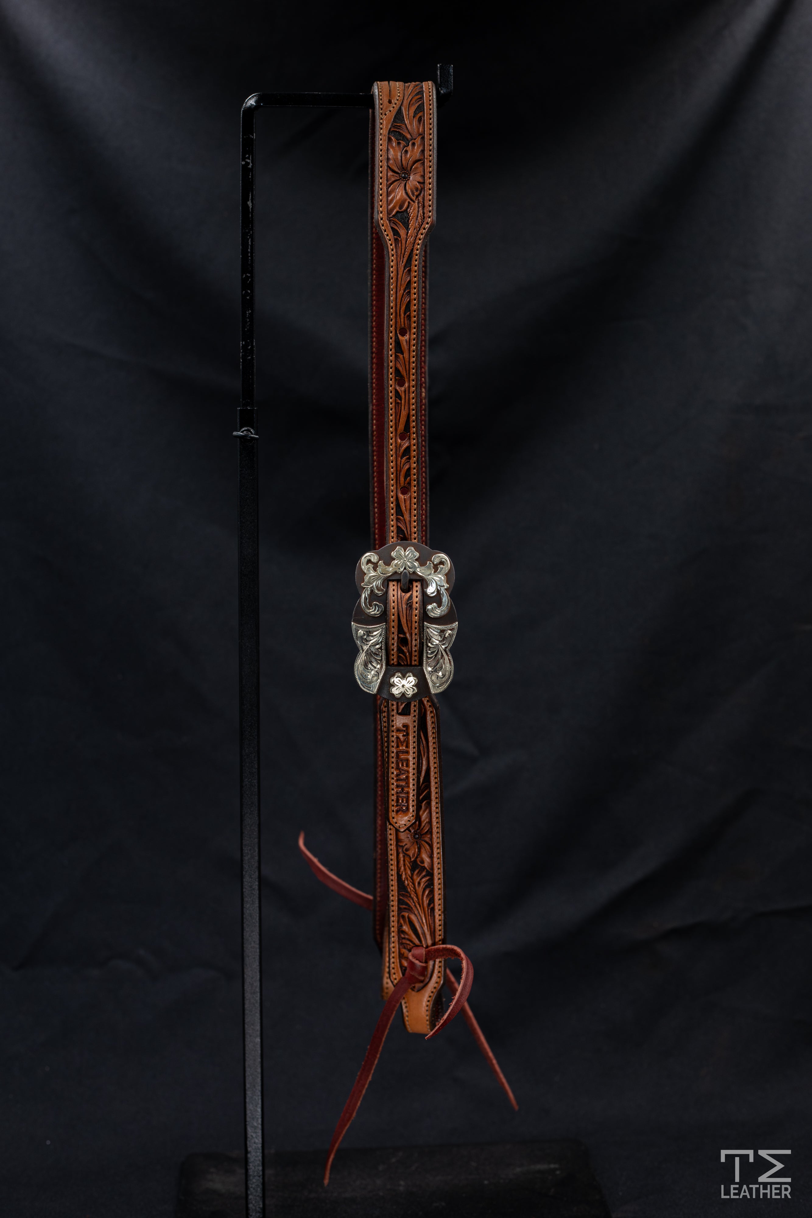 Slit Ear Saddle Tan & Chocolate Floral Slit Ear Headstall w/ TM Leather Browned Large Scalloped Floral Buckle