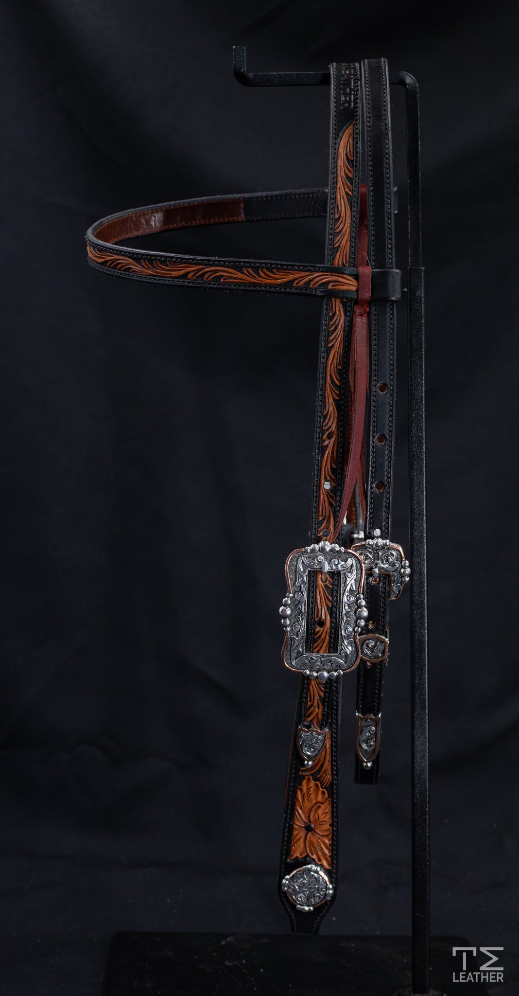 Browband Black & Brown Floral w/ Engraved Silver Plated Hardware w/ Copper Accents