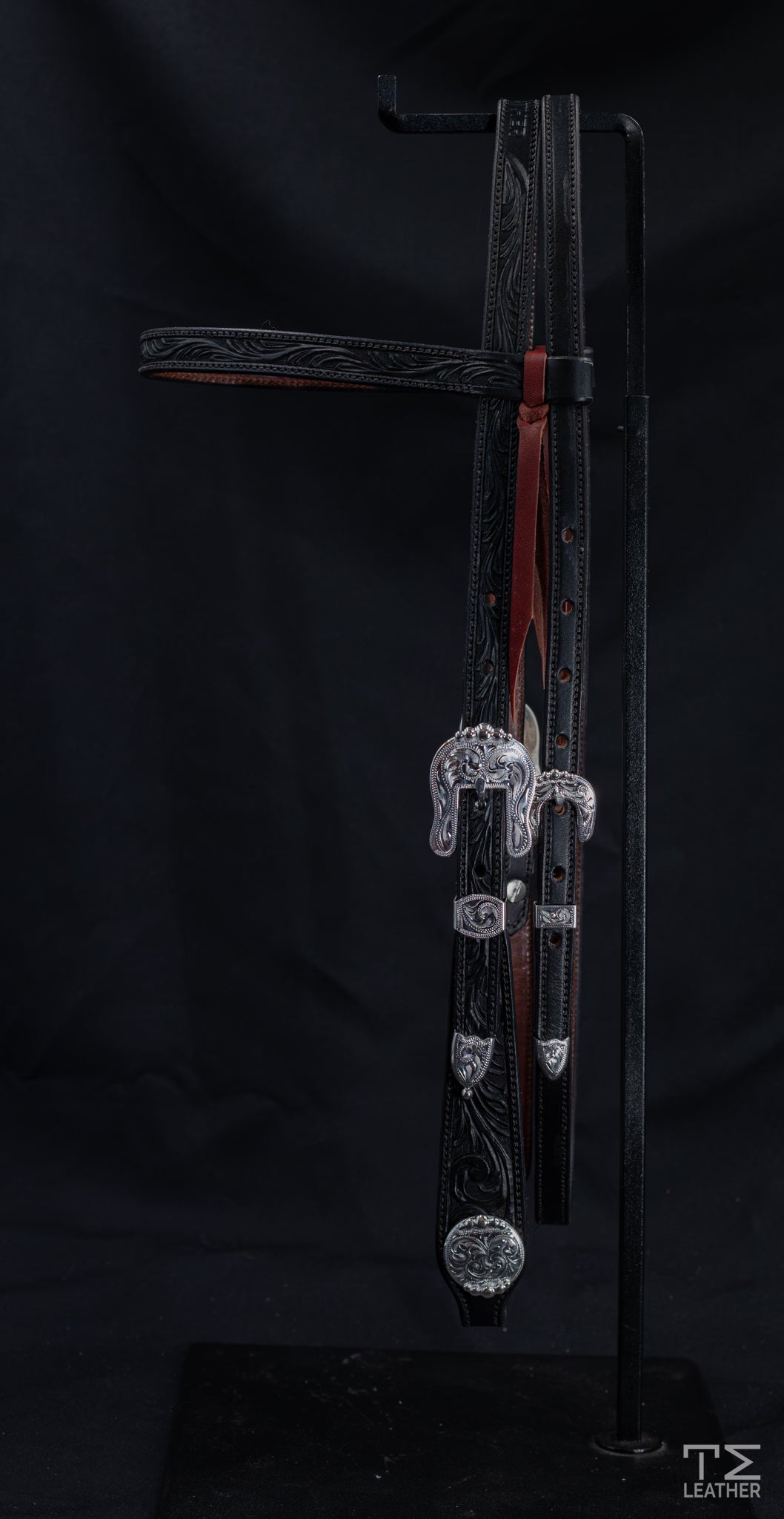 Browband Black Floral w/ Engraved Silver Plated Hardware