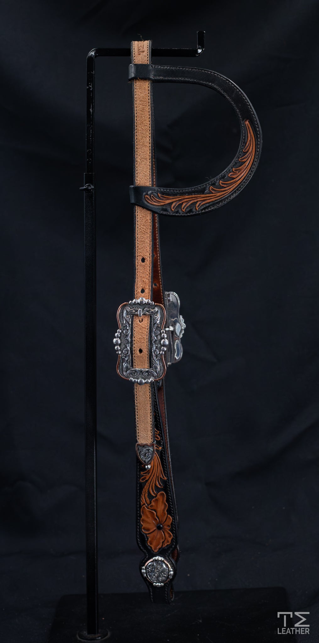 Slide Ear Brown & Black w/ Roughout & Engraved Silver Plated Hardware w/ Conchos & Copper Accents