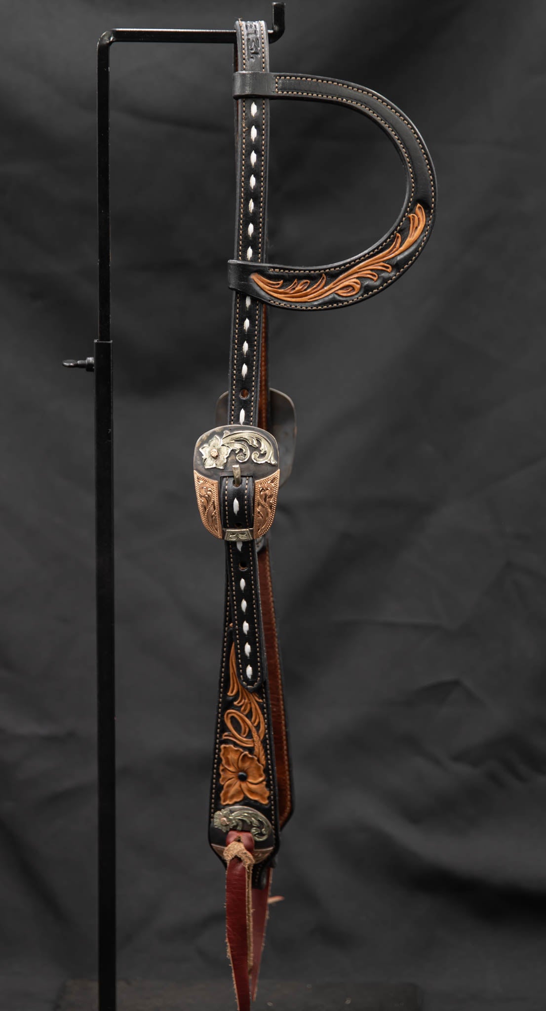 Slide Ear Black & Light Brown w/ White Buckstitch w/ Rounded Mixed Metal Hardware w/ Copper Accents
