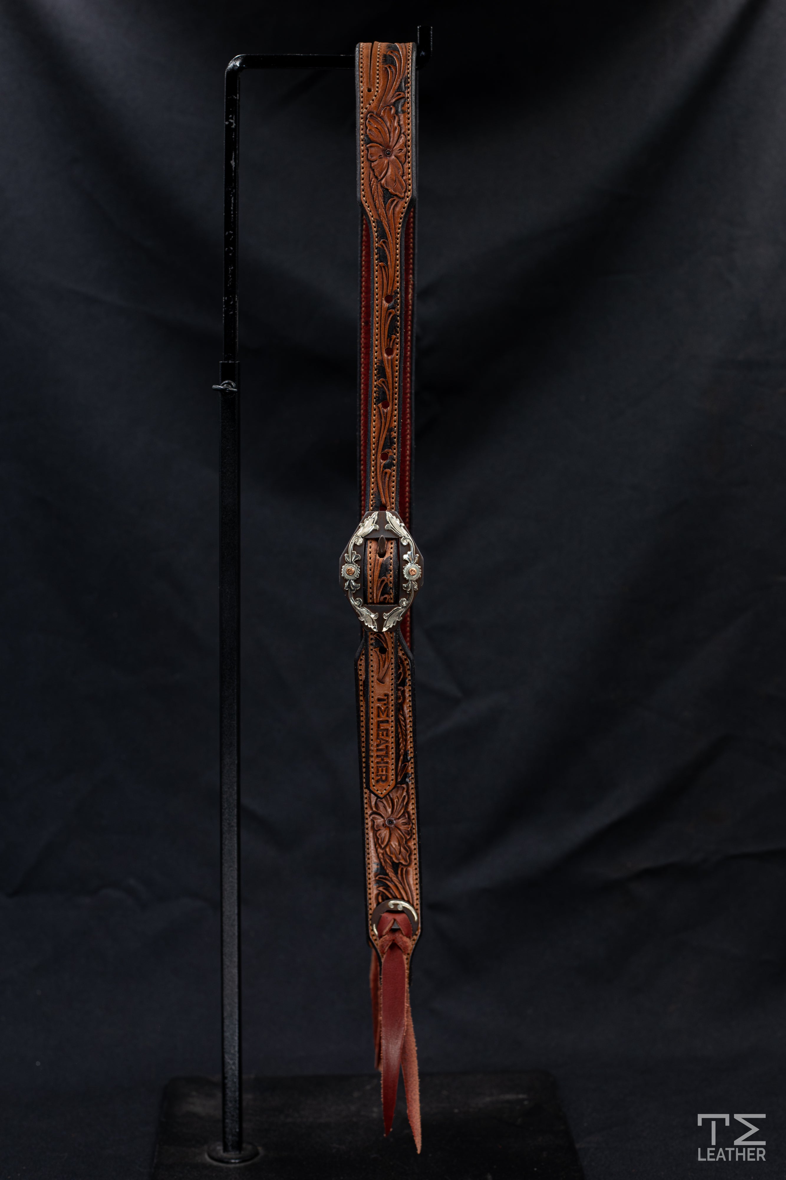 Slit Ear Saddle Tan & Black Floral Slit Ear Headstall w/ Browned Floral Diamond Buckle & Matching Conchos