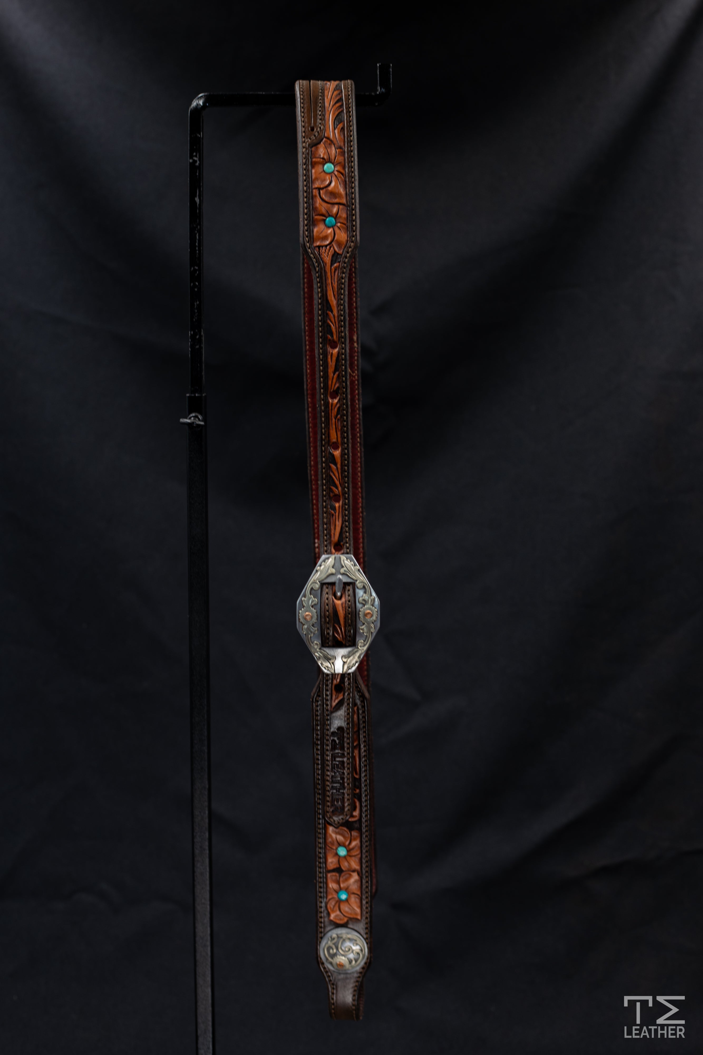 Slit Ear Chocolate & Light Brown w/ Teal Accents Floral Slit Ear Headstall w/ Silver Floral Diamond Buckle & Matching Conchos