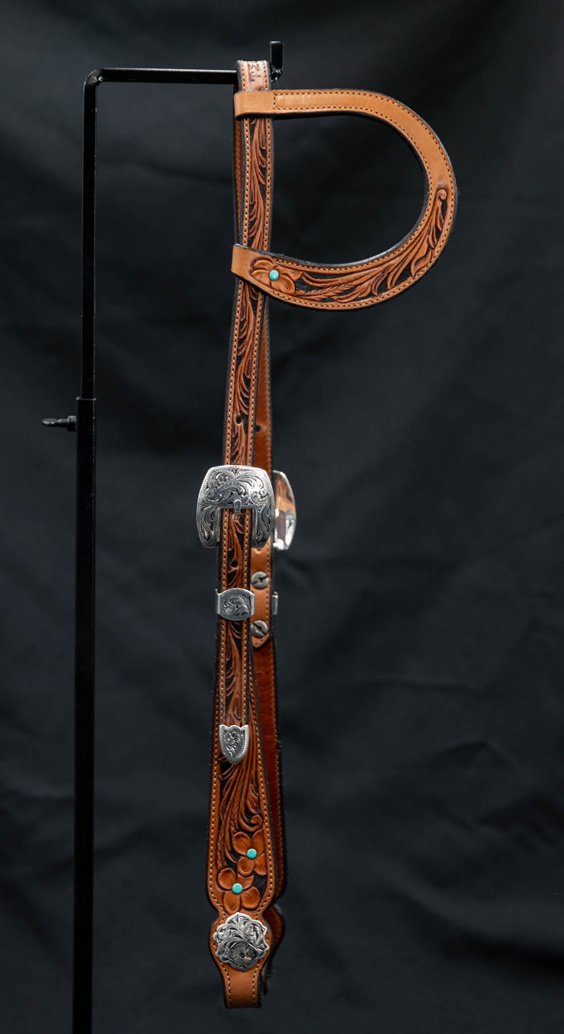 Slide Ear Saddle Tan & Black Two-Toned w/ Teal Accents & Silver Plated Hardware