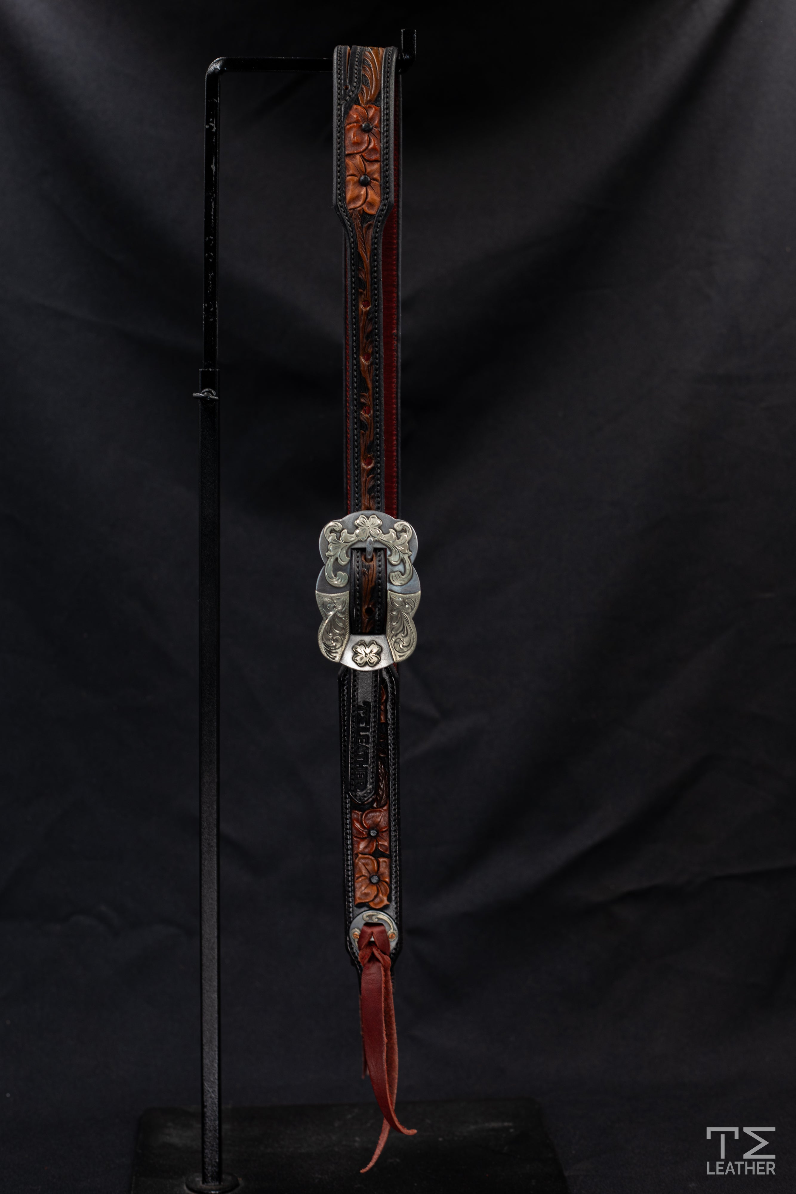 Slit Ear Black, Walnut & Light Brown Floral Slit Ear Headstall w/ TM Leather Silver Large Scalloped Floral Buckle & Matching Conchos