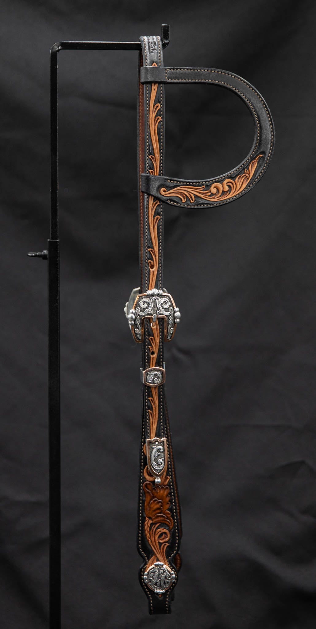 Slide Ear Black & Saddle Tan Two-Toned Floral w/ Engraved Silver Plated Hardware w/ Copper Accents