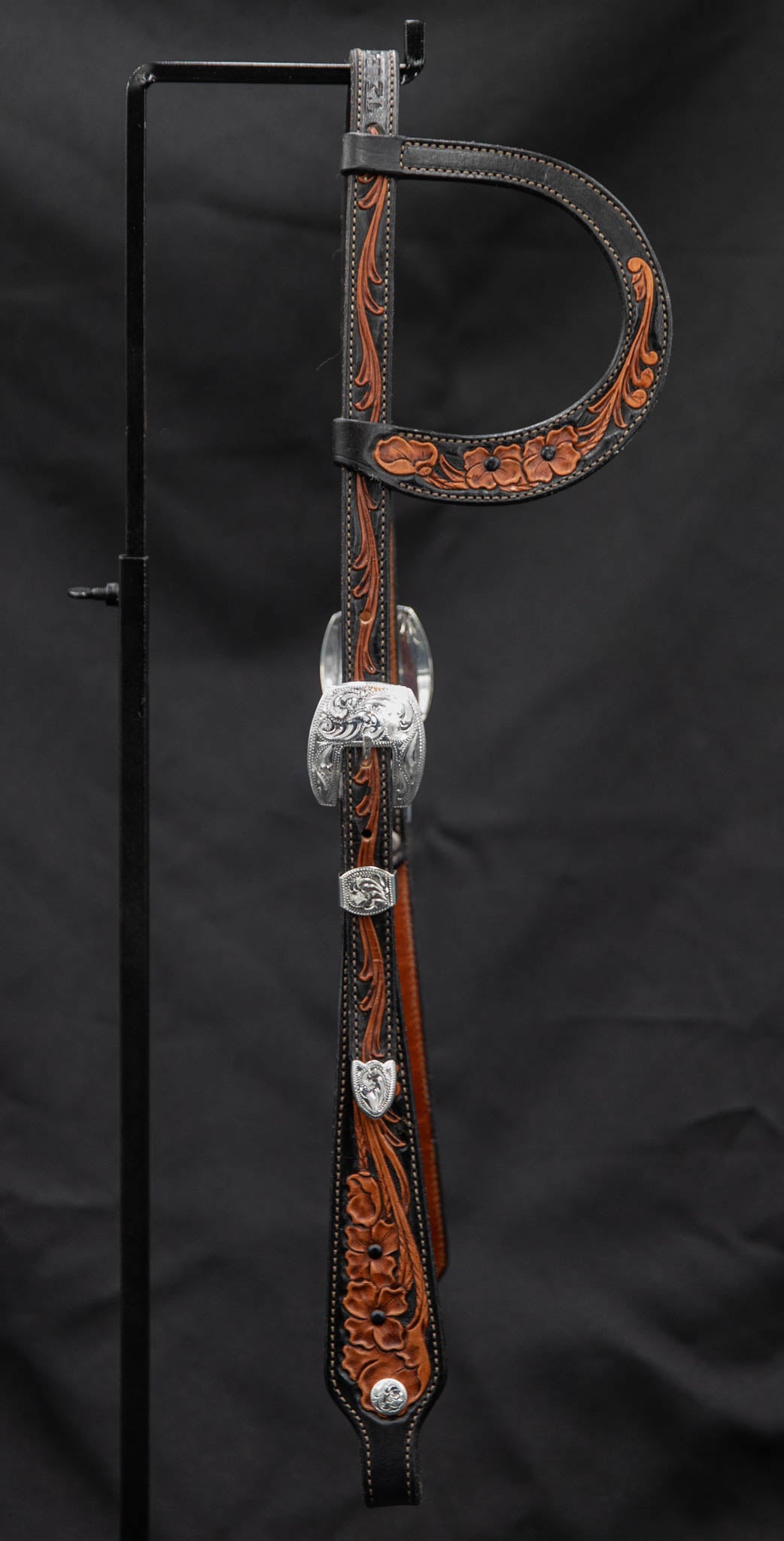 Slide Ear Black & Brown Two-Toned Floral w/ Black Accents & Engraved Silver Plated Hardware