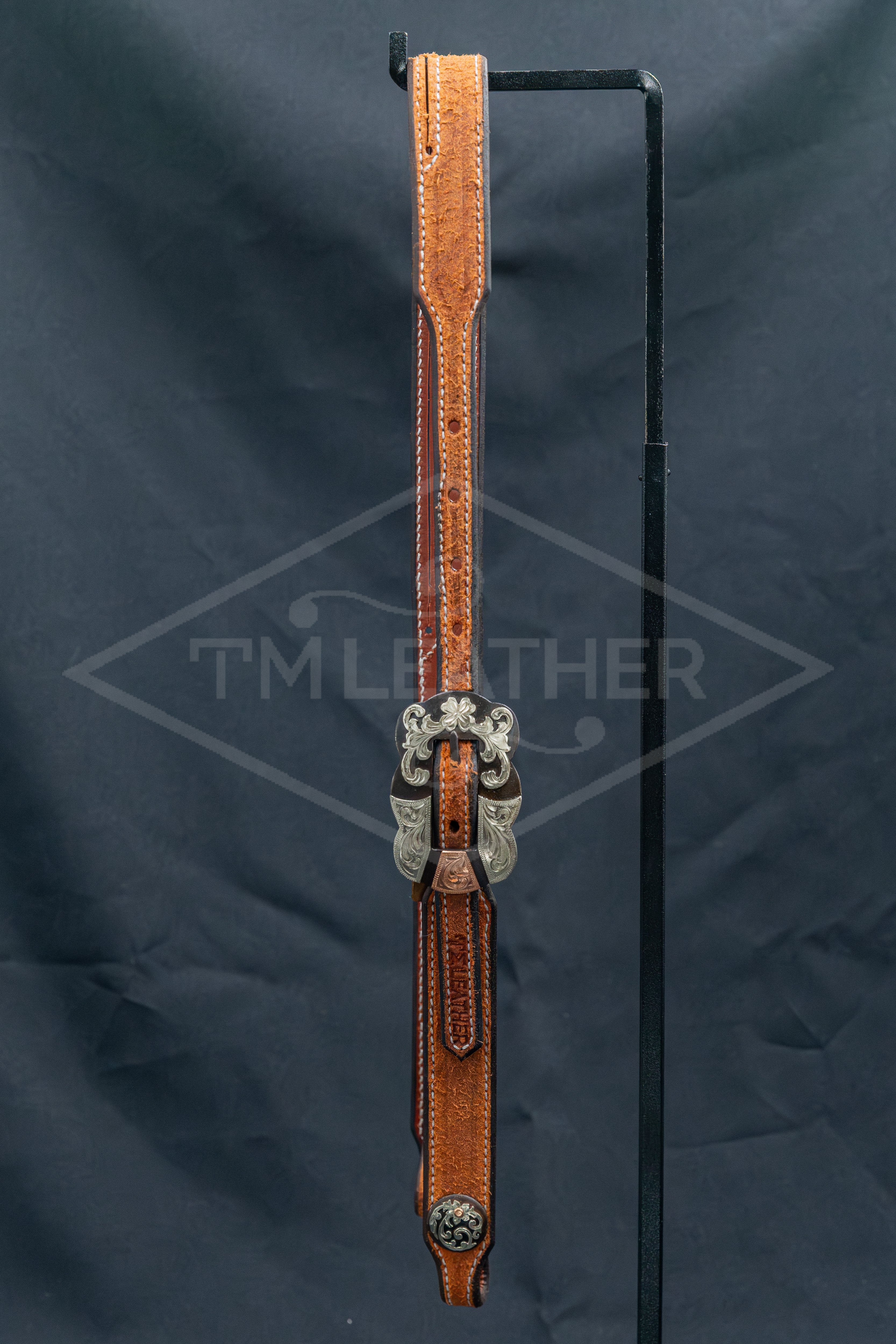 Working Slit Ear Natural Roughout w/ TM Leather Browned Large Scalloped Cart Floral/Copper Buckle & Matching Conchos