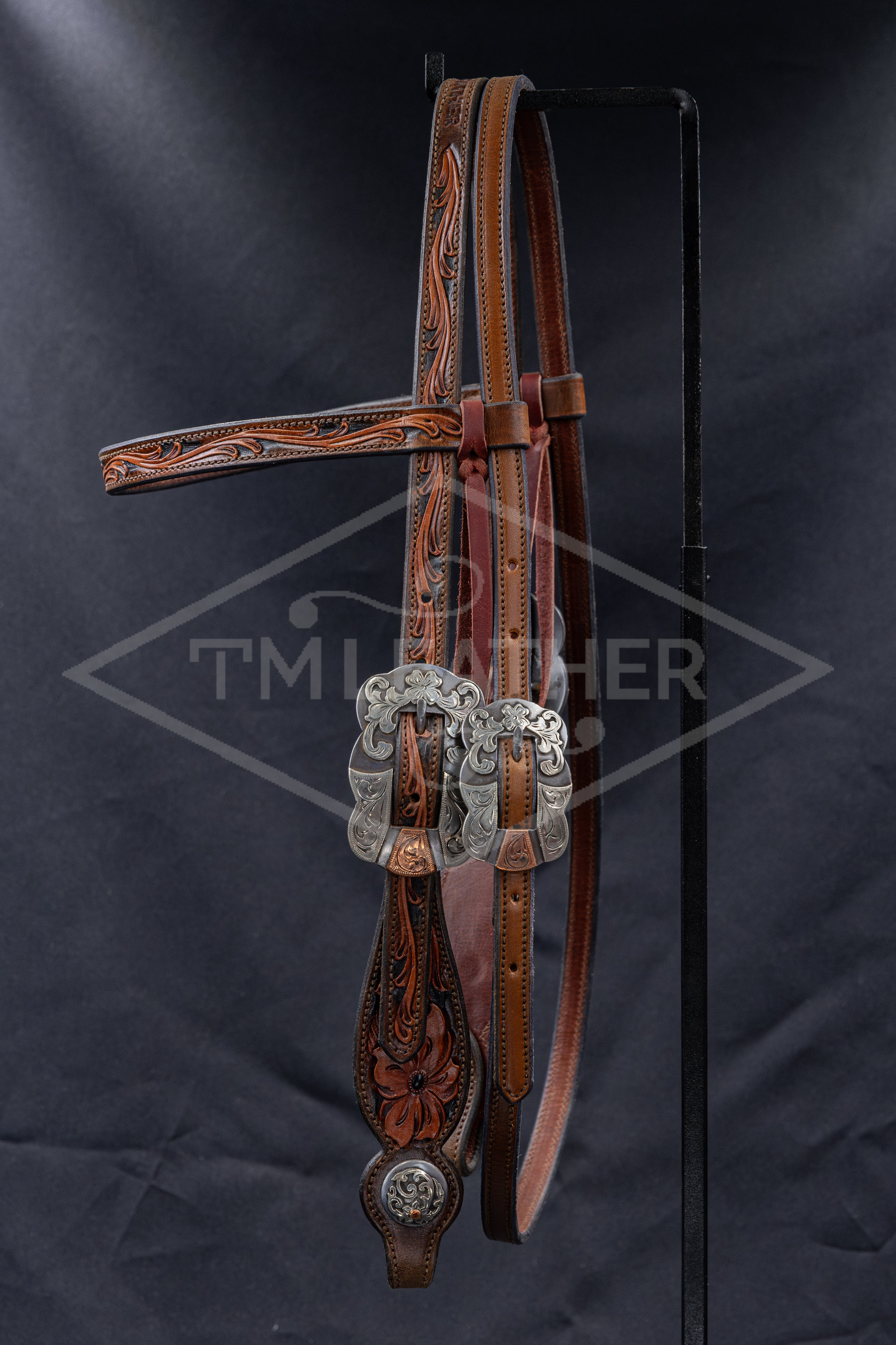 Browband Walnut, Black, & Natural Floral w/ Large Silver Scalloped Cart Floral/Copper Buckles & Matching Conchos