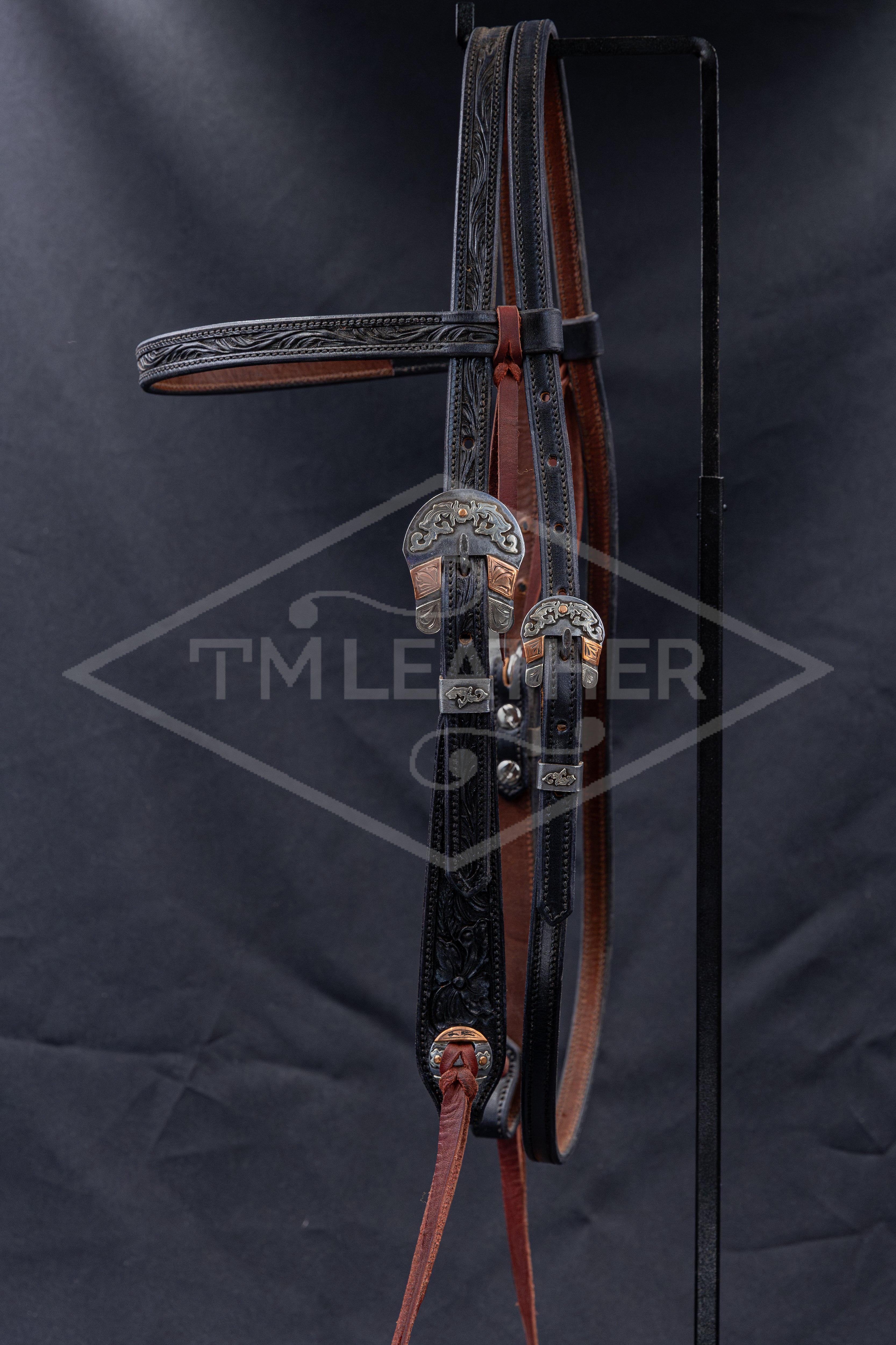 Browband Black Floral Headstall w/ Silver/Copper Floral Buckles & Matching Conchos