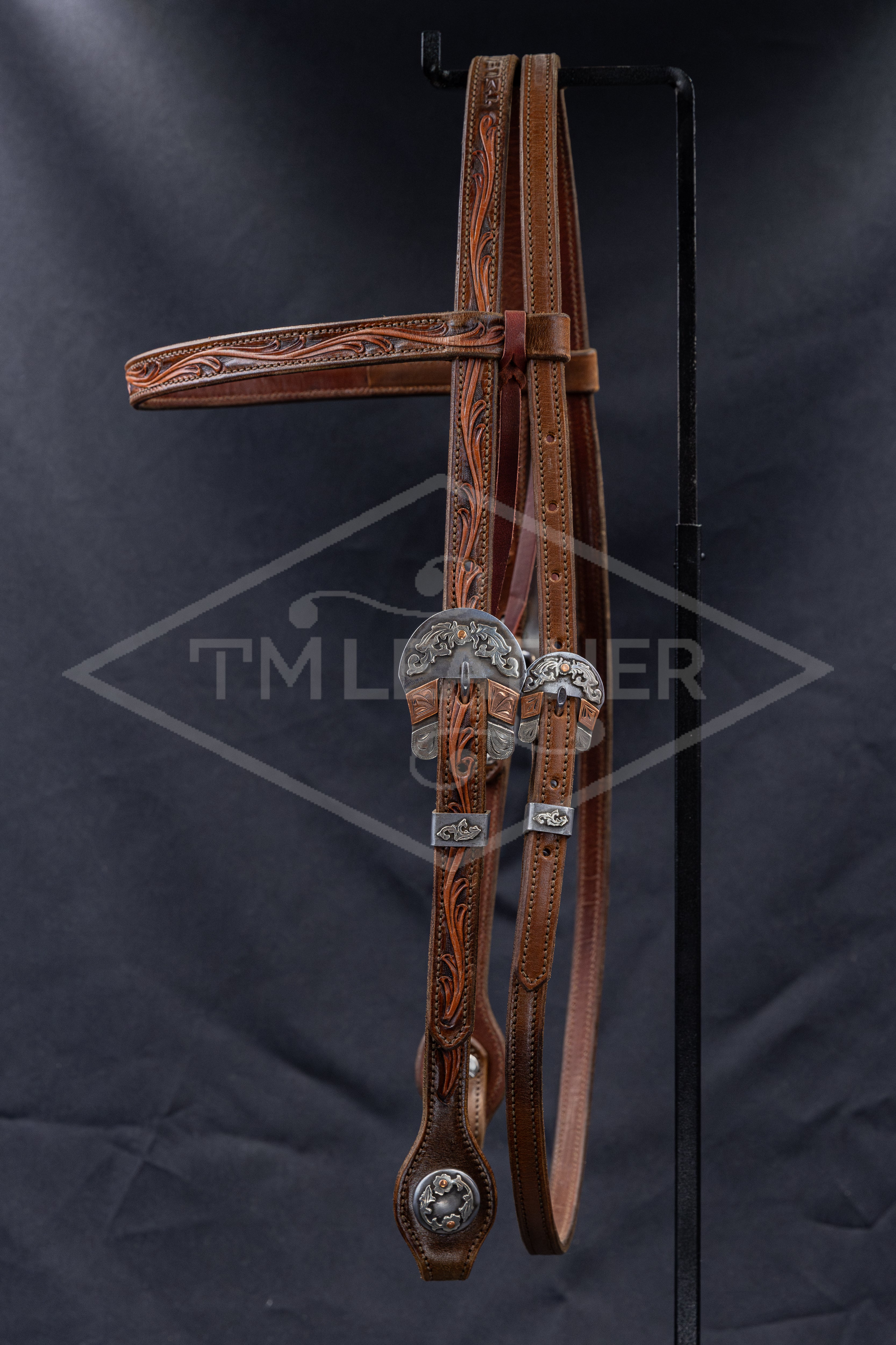 Browband Chocolate, Walnut, & Natural  Floral Headstall w/ Silver/Copper Floral Buckles & Matching Conchos
