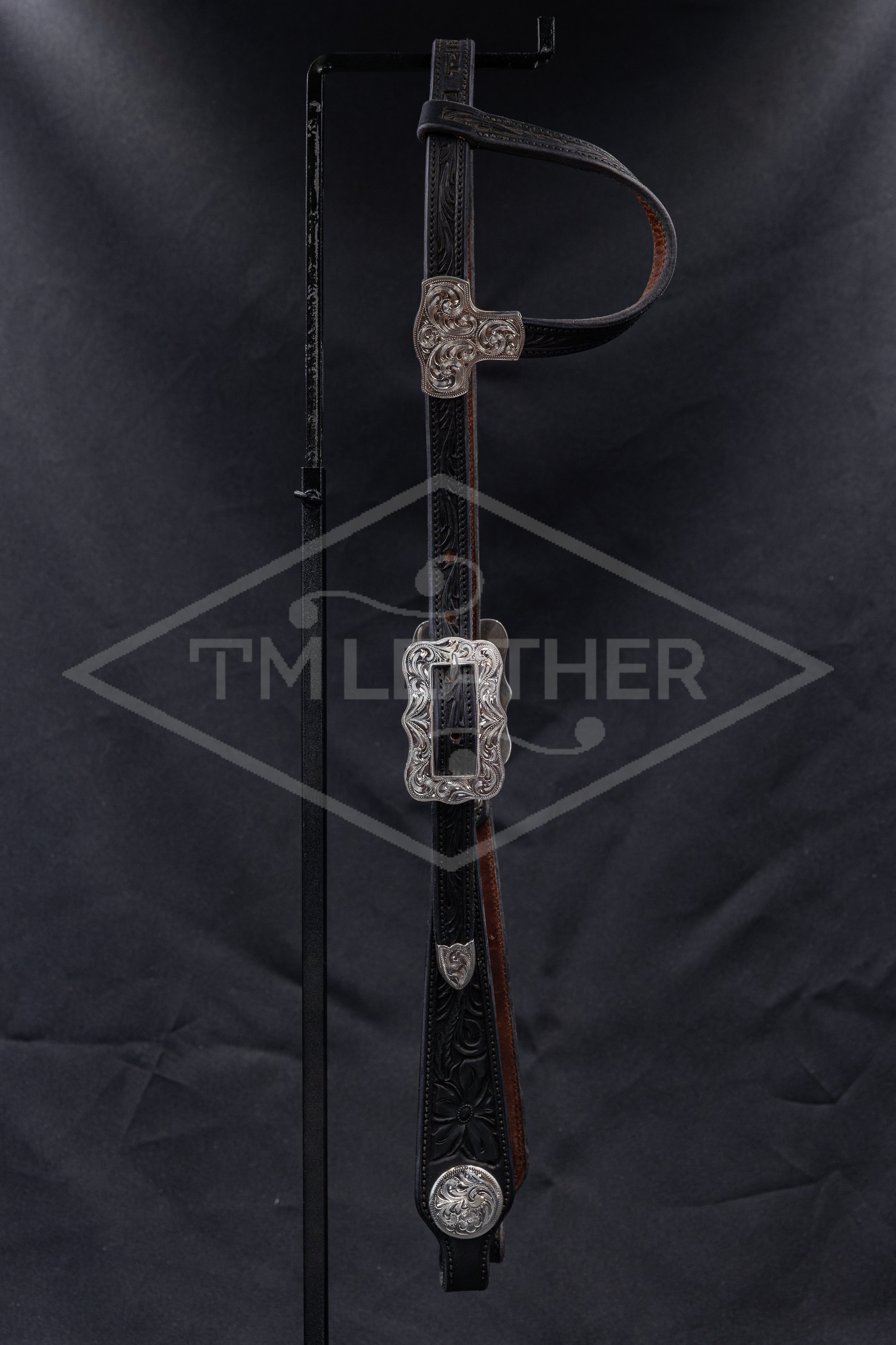 Slide Ear Black Floral w/ Engraved Silver Hardware & Matching Conchos