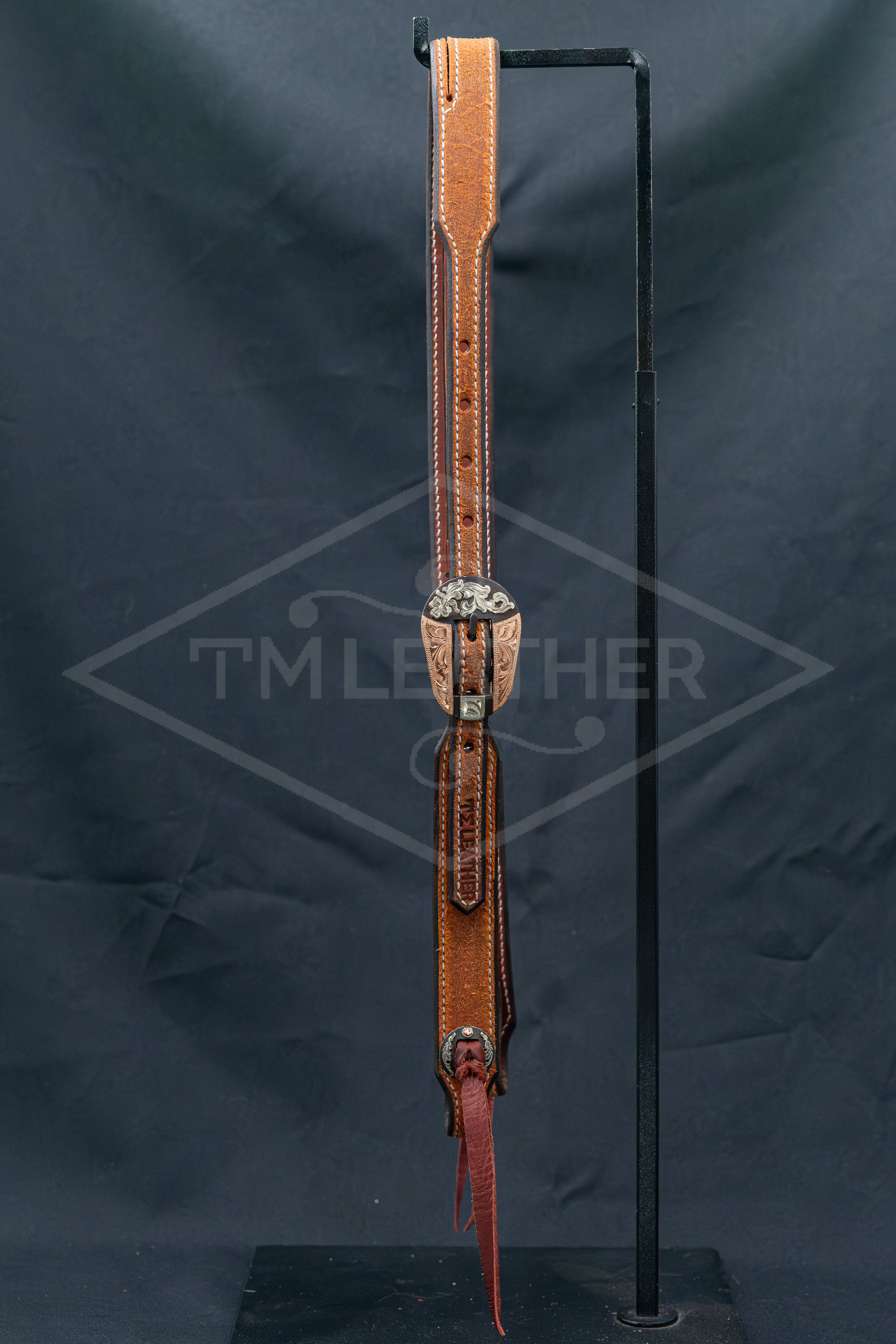 Working Slit Ear Natural Roughout w/ TM Leather Browned Tapered Oval Floral Buckle & Matching Conchos