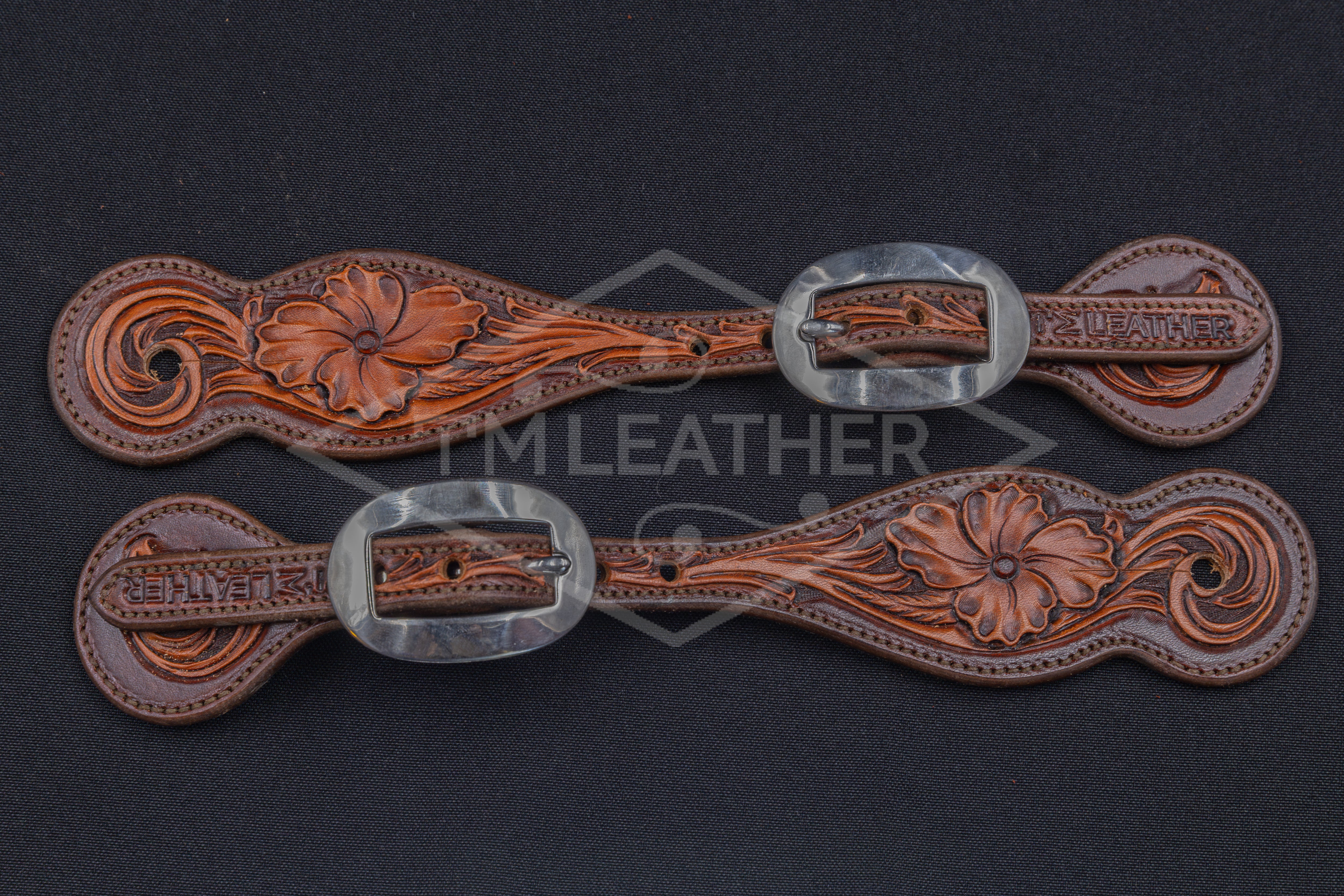 Mahogany & Natural Small Floral Spur Straps w/ Plain Buckles