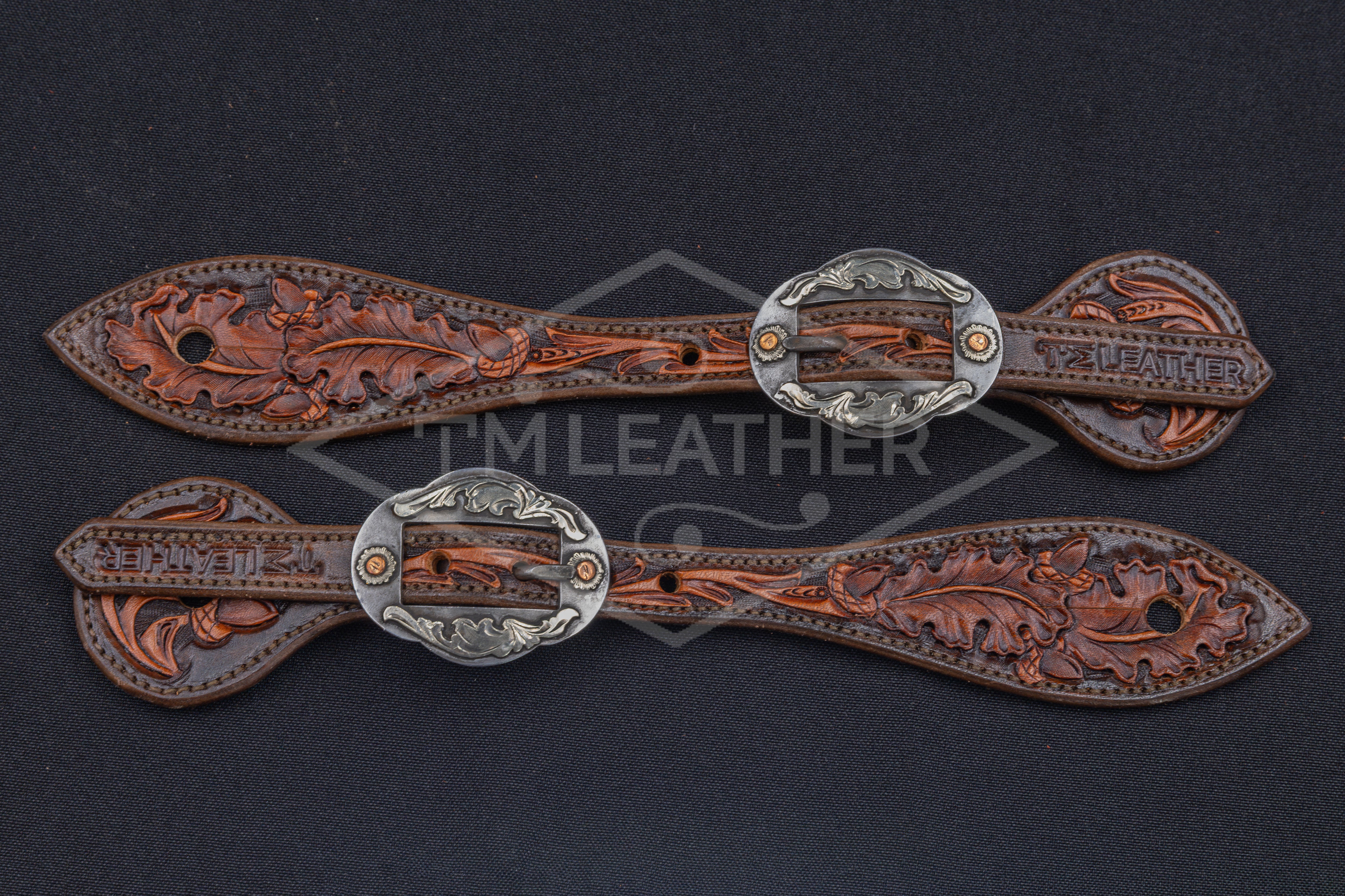 Chocolate & Natural Small Floral Spur Straps w/ Silver Oval Buckles w/ Copper Accents
