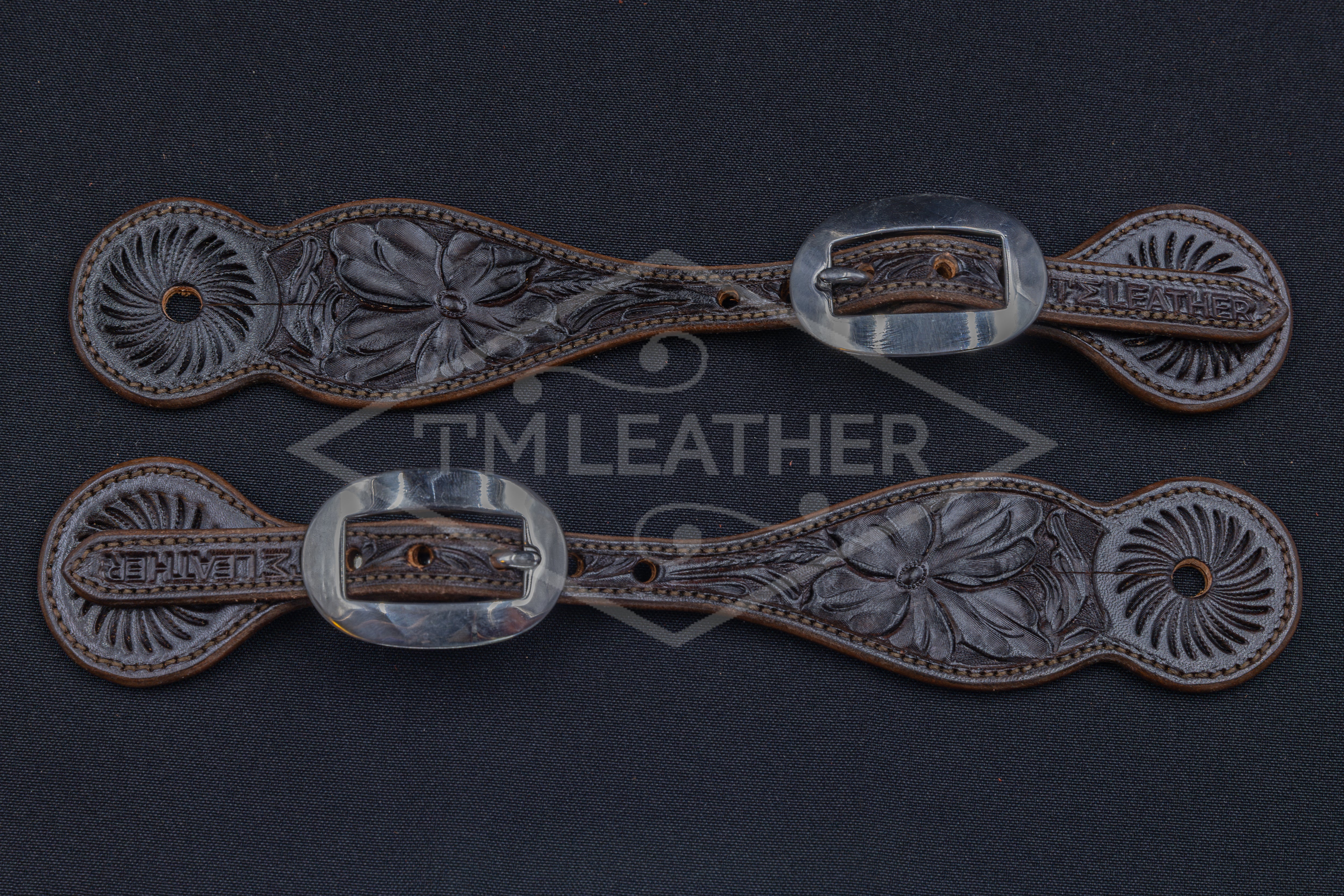 Chocolate Small Floral Spur Straps w/ Plain Buckles