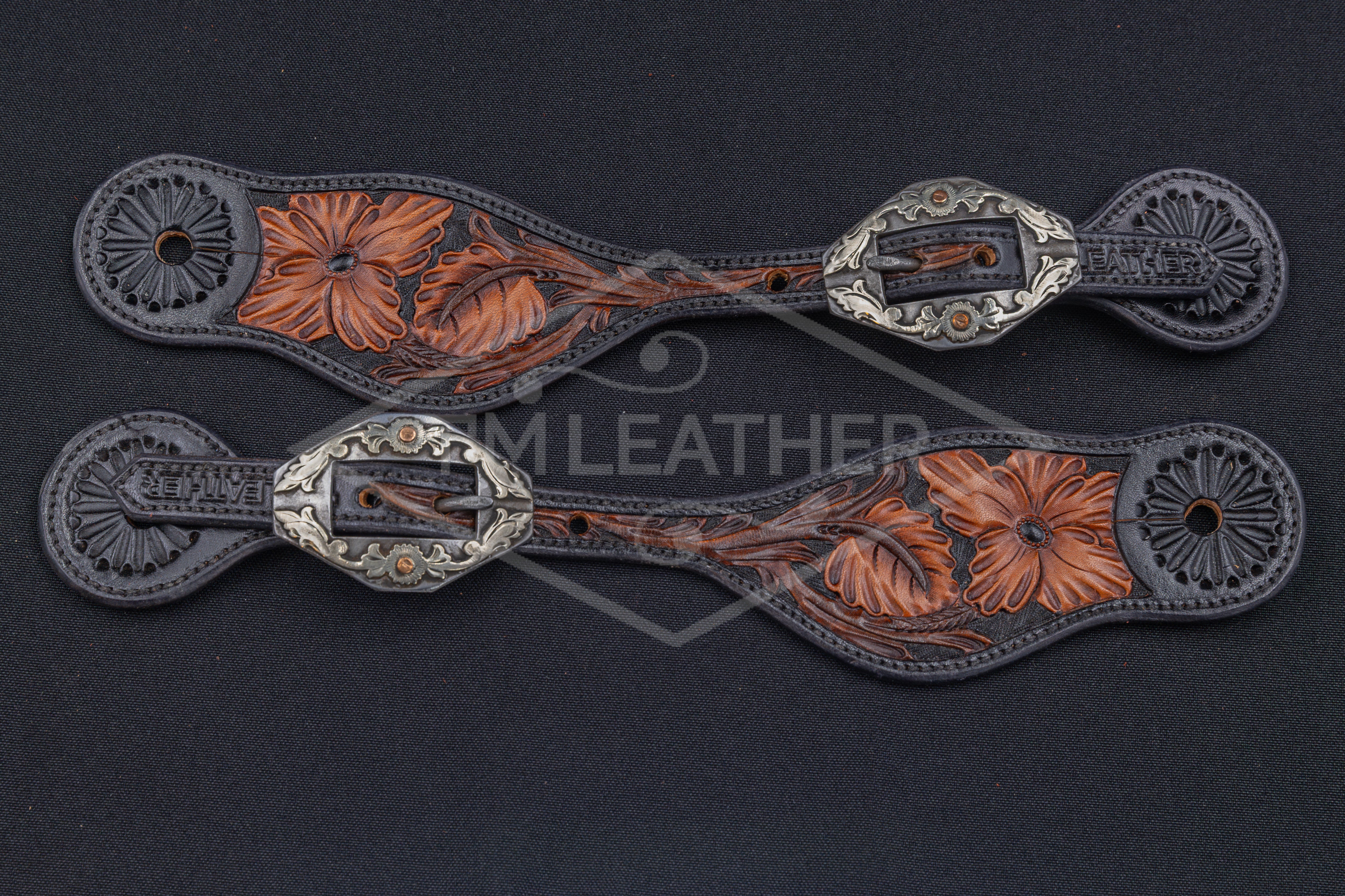 Black, Walnut, & Natural Medium Floral Spur Straps w/ Silver Floral Diamond Buckle w/ Copper Accents