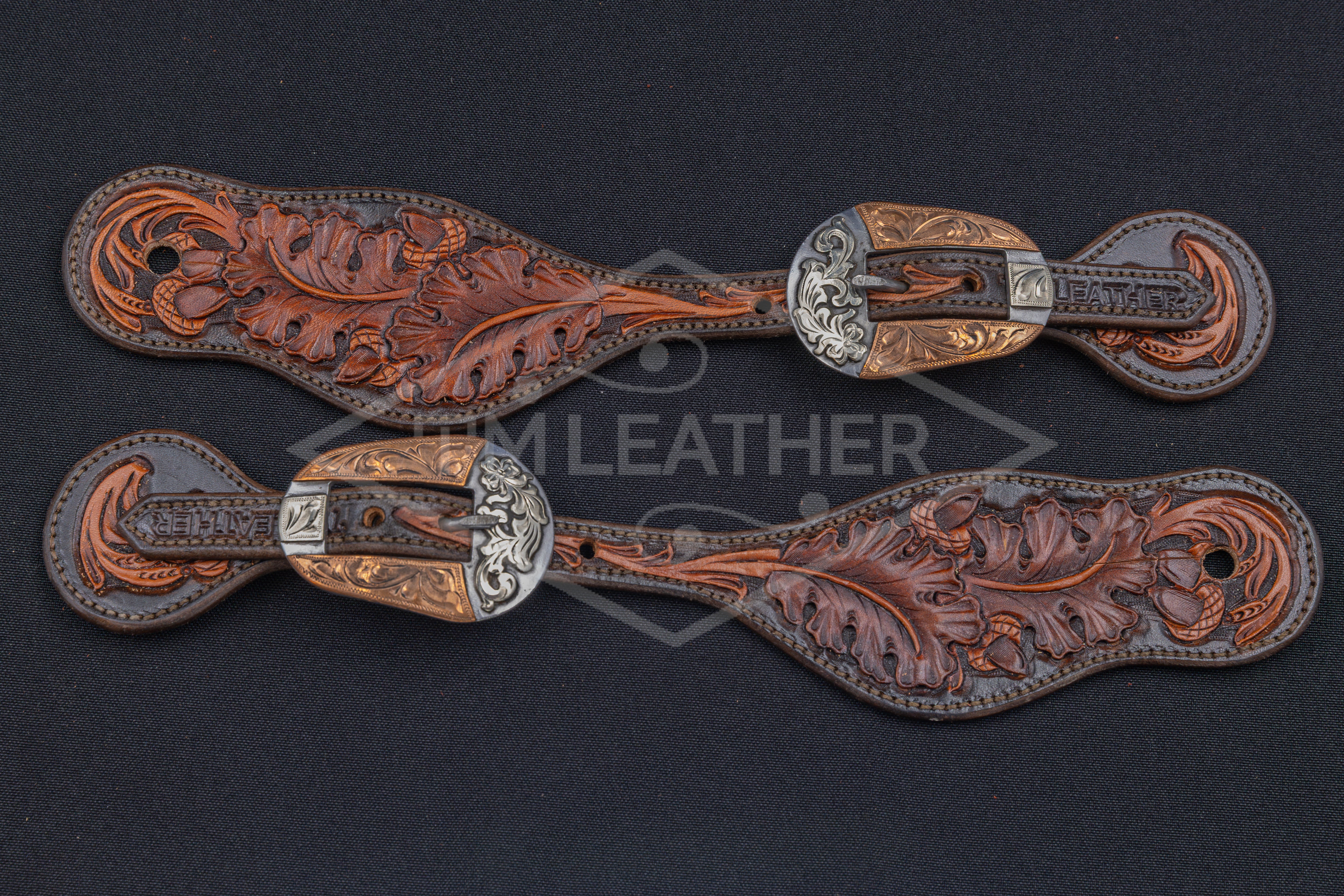 Chocolate, Walnut, & Natural Small Floral Spur Straps w/ Silver Tapered Oval Floral Buckles