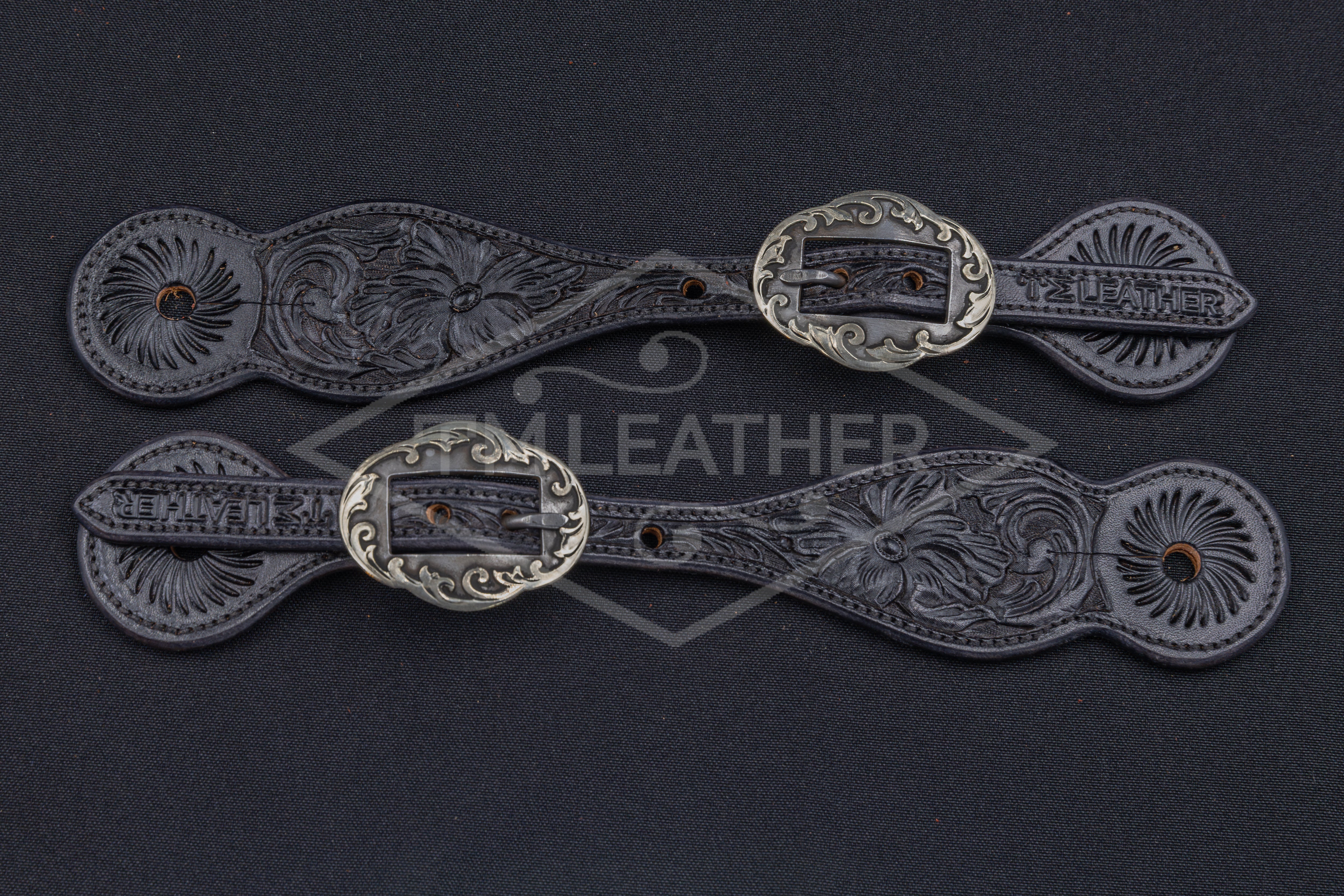Black Small Floral Spur Straps w/ Silver Oval Floral Buckles