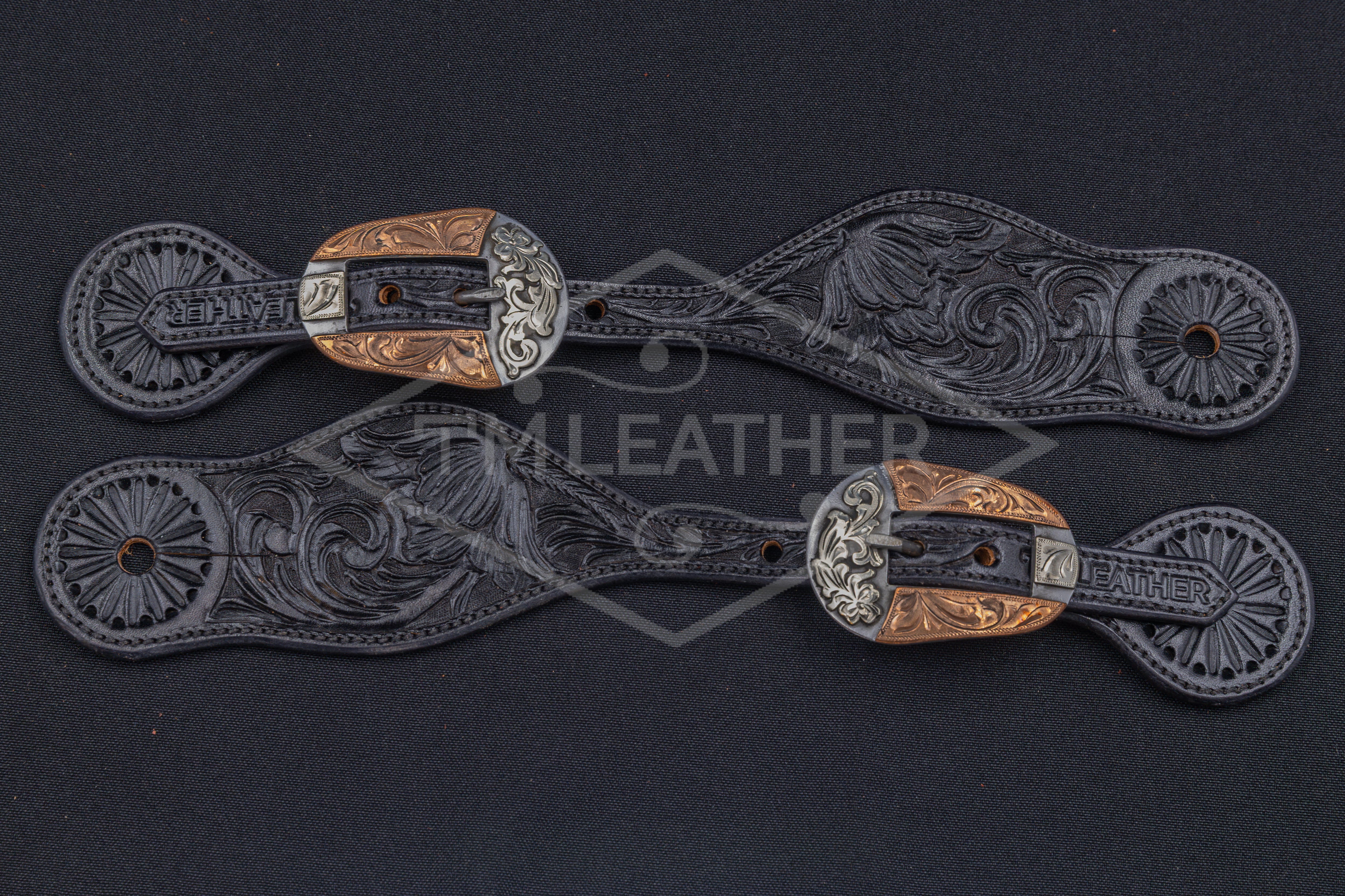 Black Floral Spur Straps w/ TM Leather Silver Tapered Oval Floral Buckles