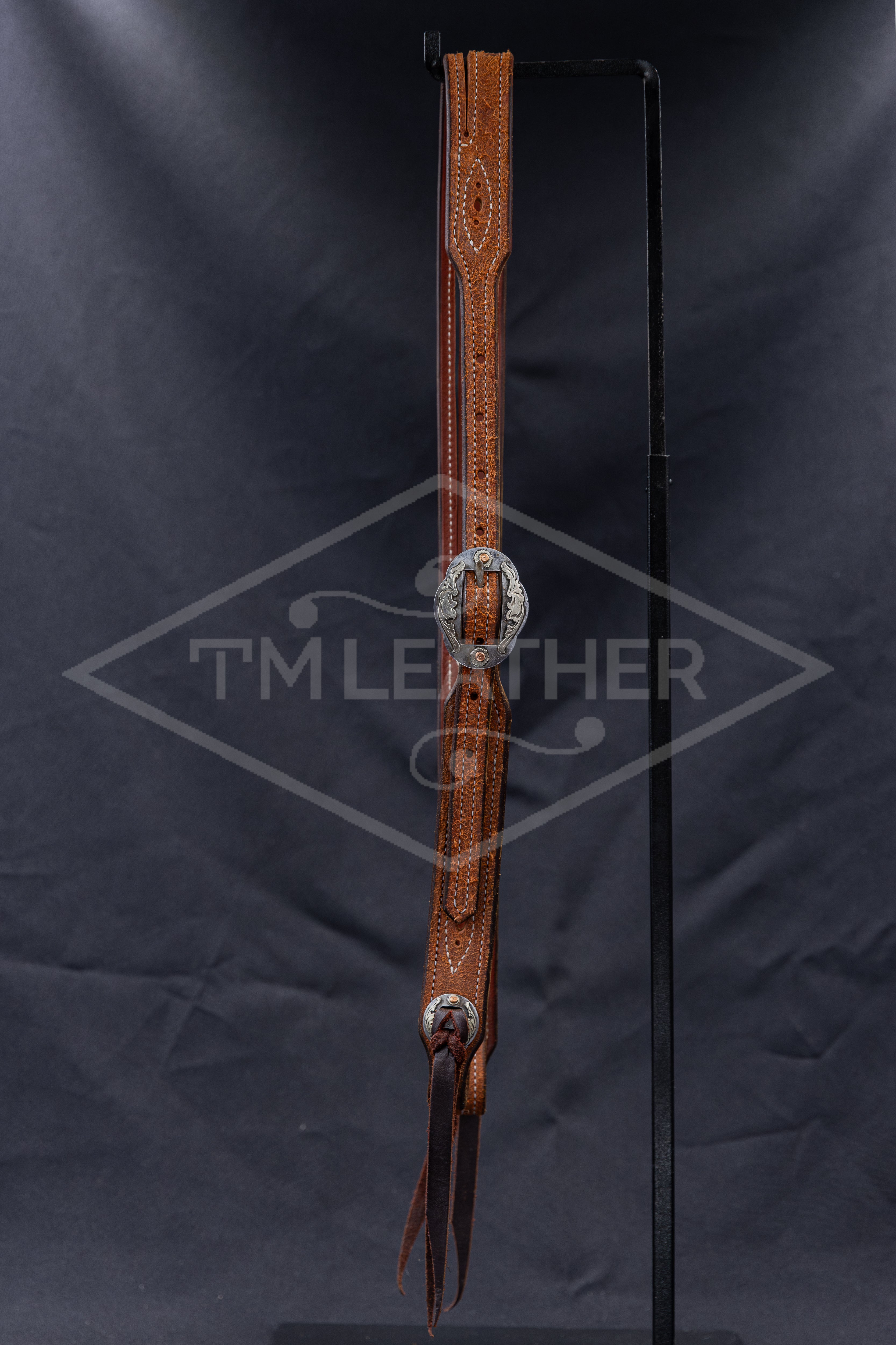 Working Slit Ear Natural Roughout w/ Oval Silver Scrolling & Copper Flower Buckle & Gunslinger Stitching