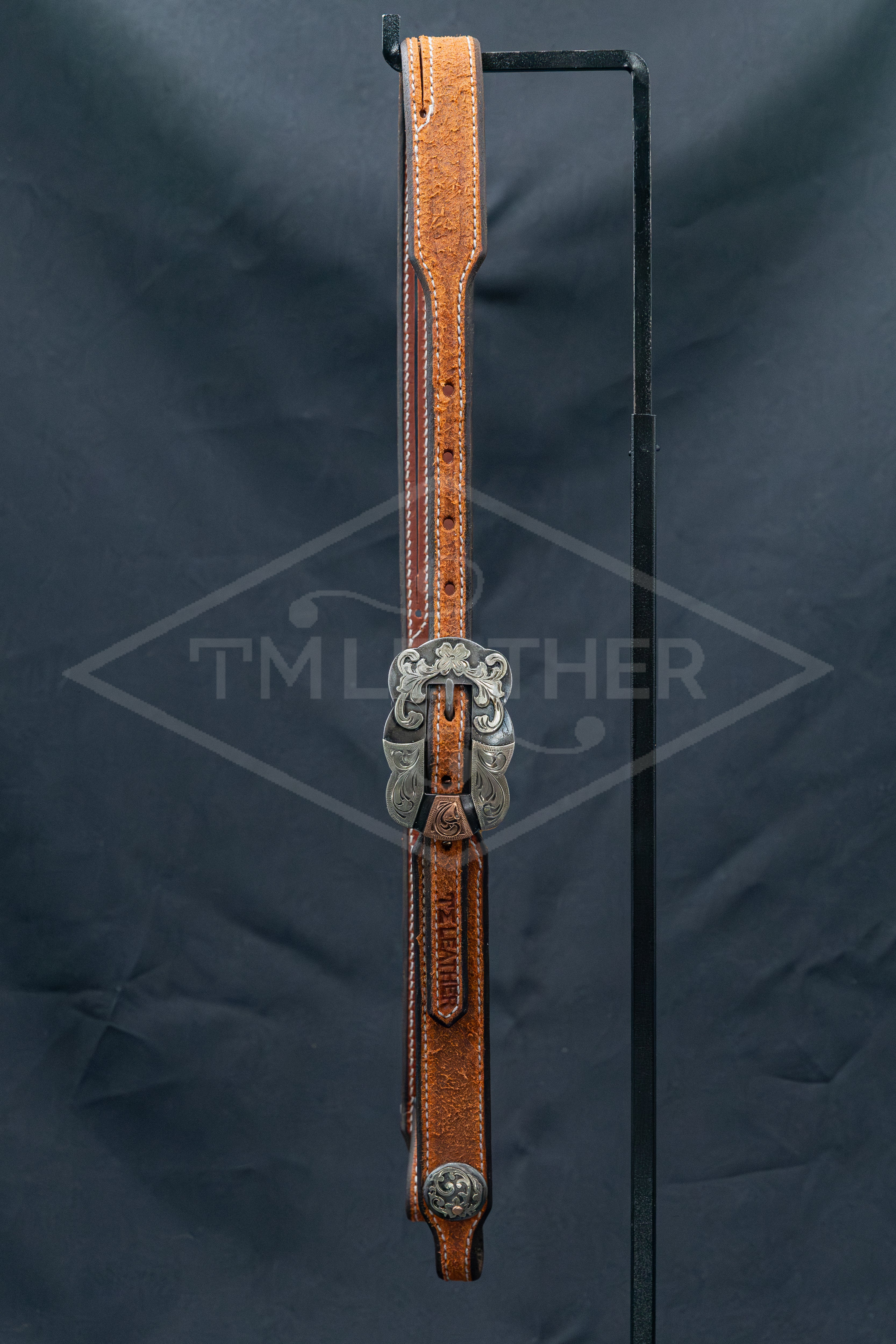 Working Slit Ear Natural Roughout w/ TM Leather Silver Large Scalloped Cart Floral/Copper Buckle & Matching Conchos