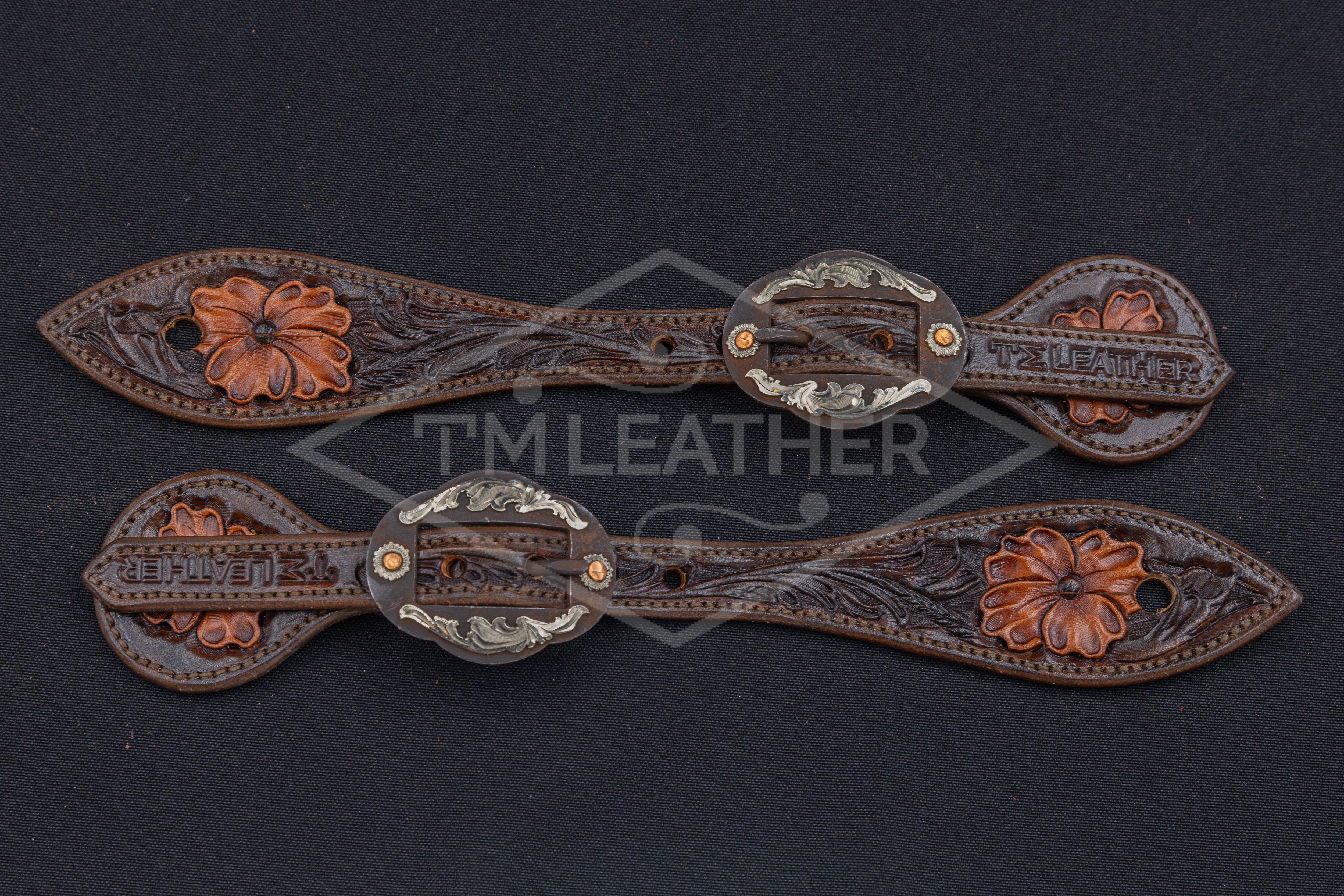 Chocolate w/ Natural Flowers Small Floral Spur Straps w/ Browned Oval Buckles w/ Copper Accents