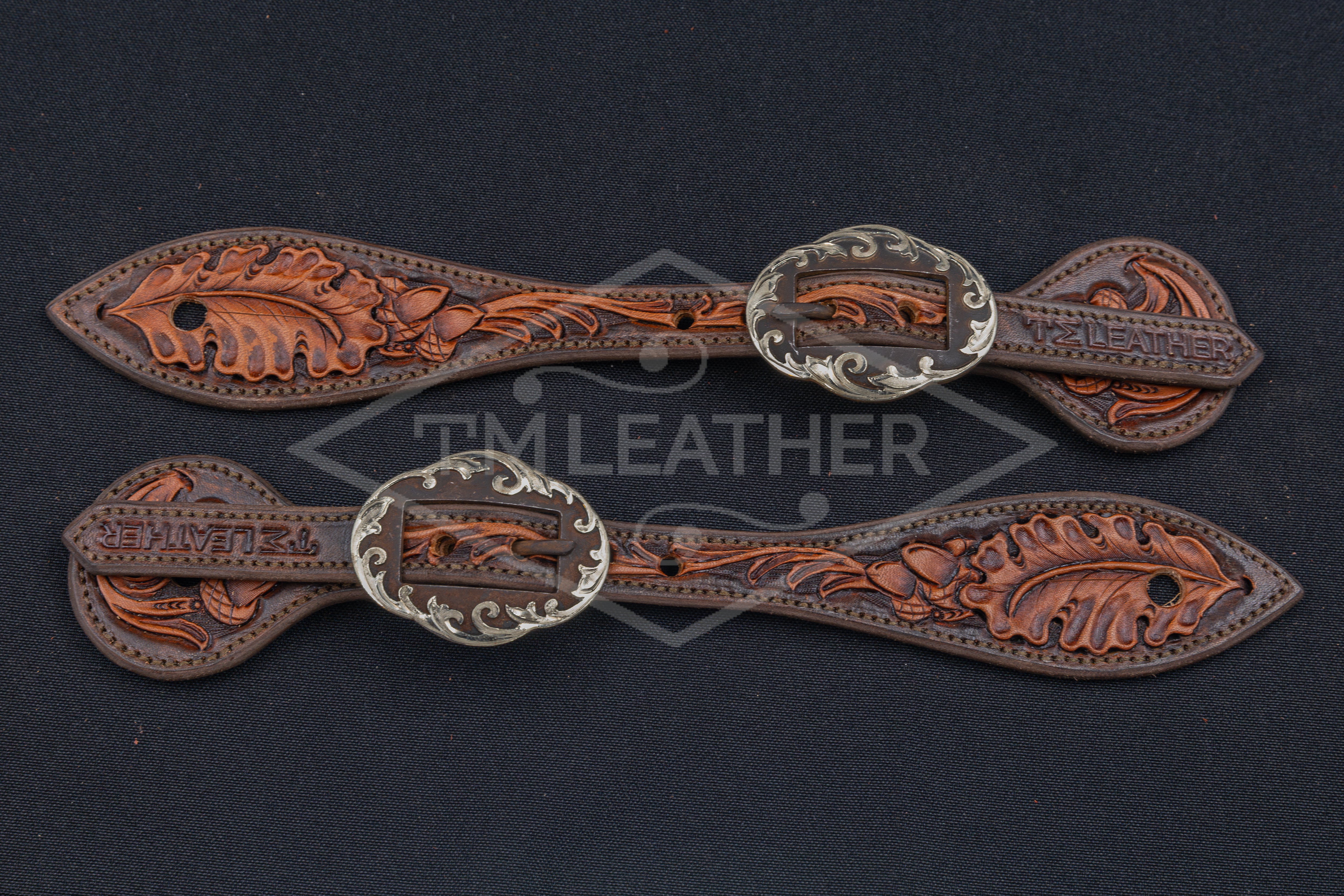 Medium Brown & Natural Small Floral Spur Straps w/ Browned Oval Floral Buckles