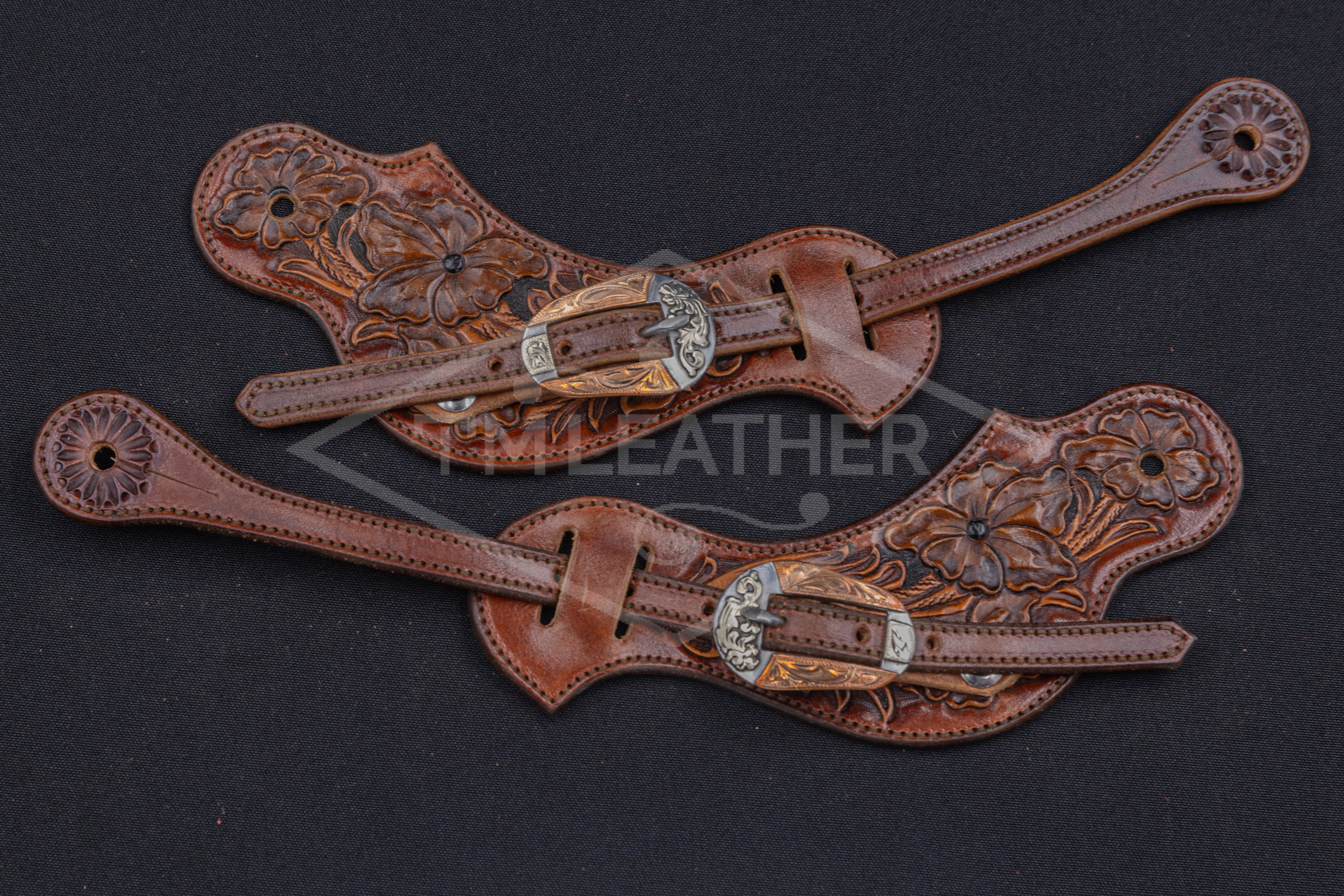 Mahogany, Black, & Natural Medium Floral Spur Straps w/ TM Leather Oval Silver Buckle
