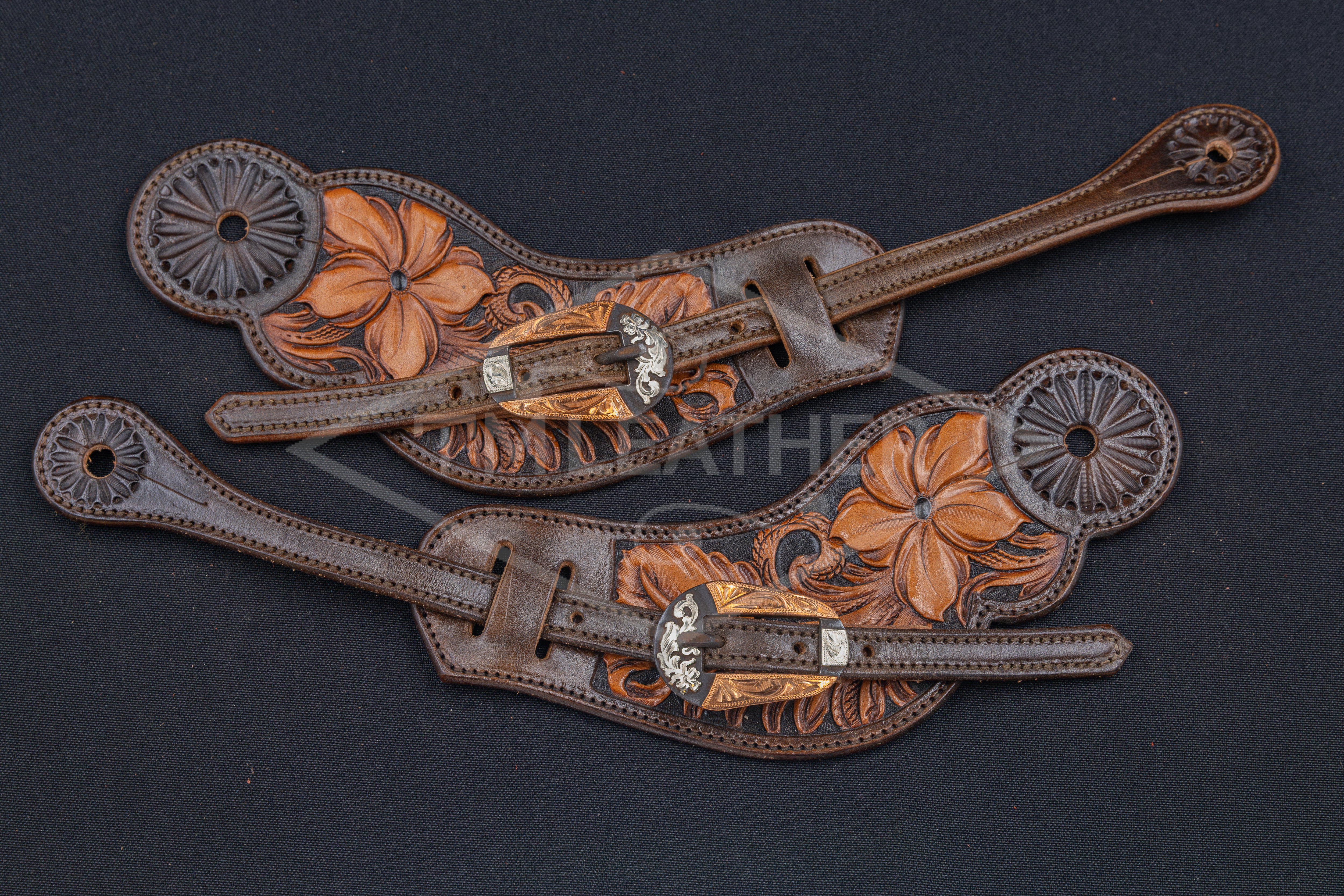 Chocolate, Black, & Natural Medium Floral Spur Straps w/ TM Leather Oval Browned Buckle
