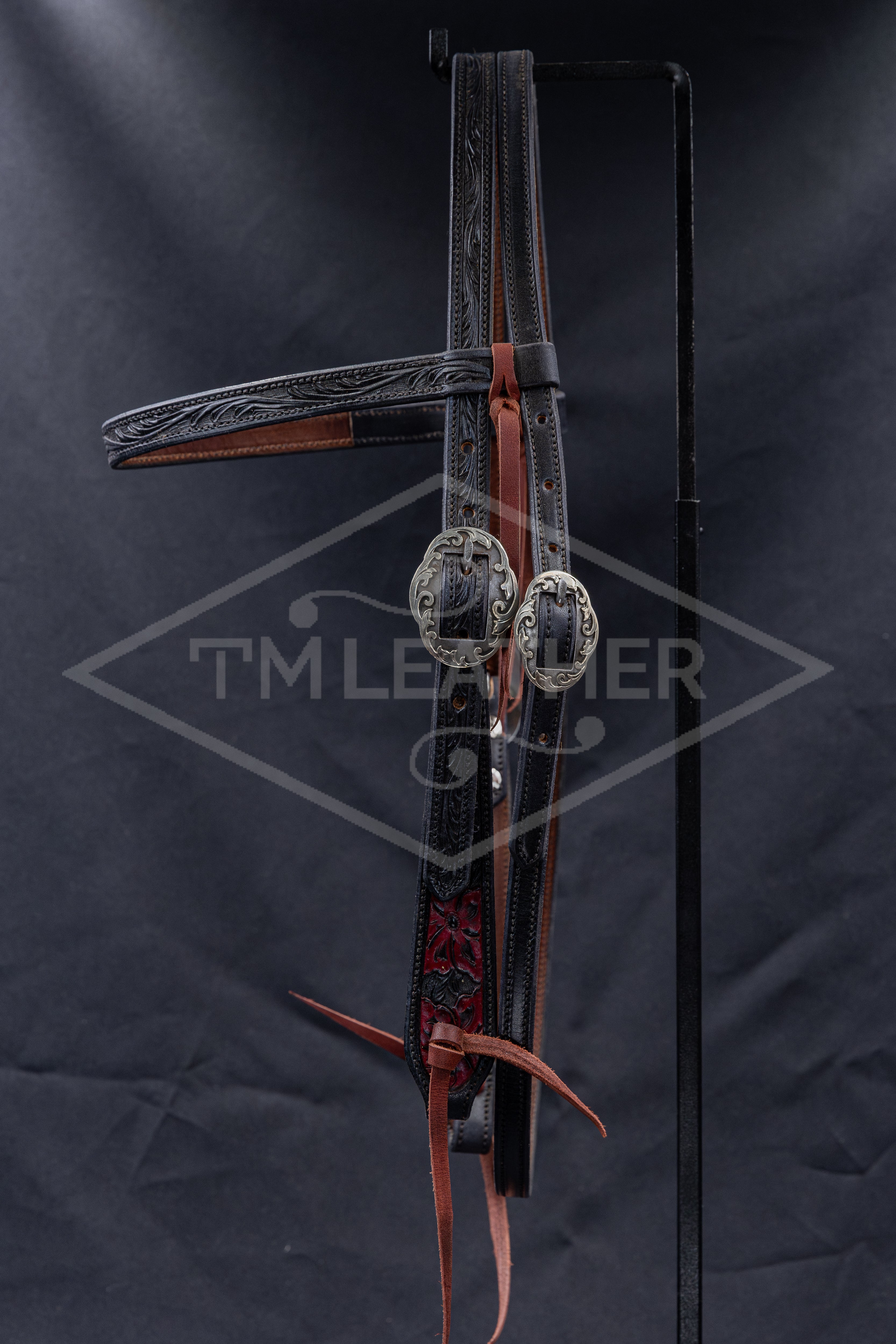 Browband Black Floral Headstall w/ Red Floral Accents & Silver Scrolled Buckles