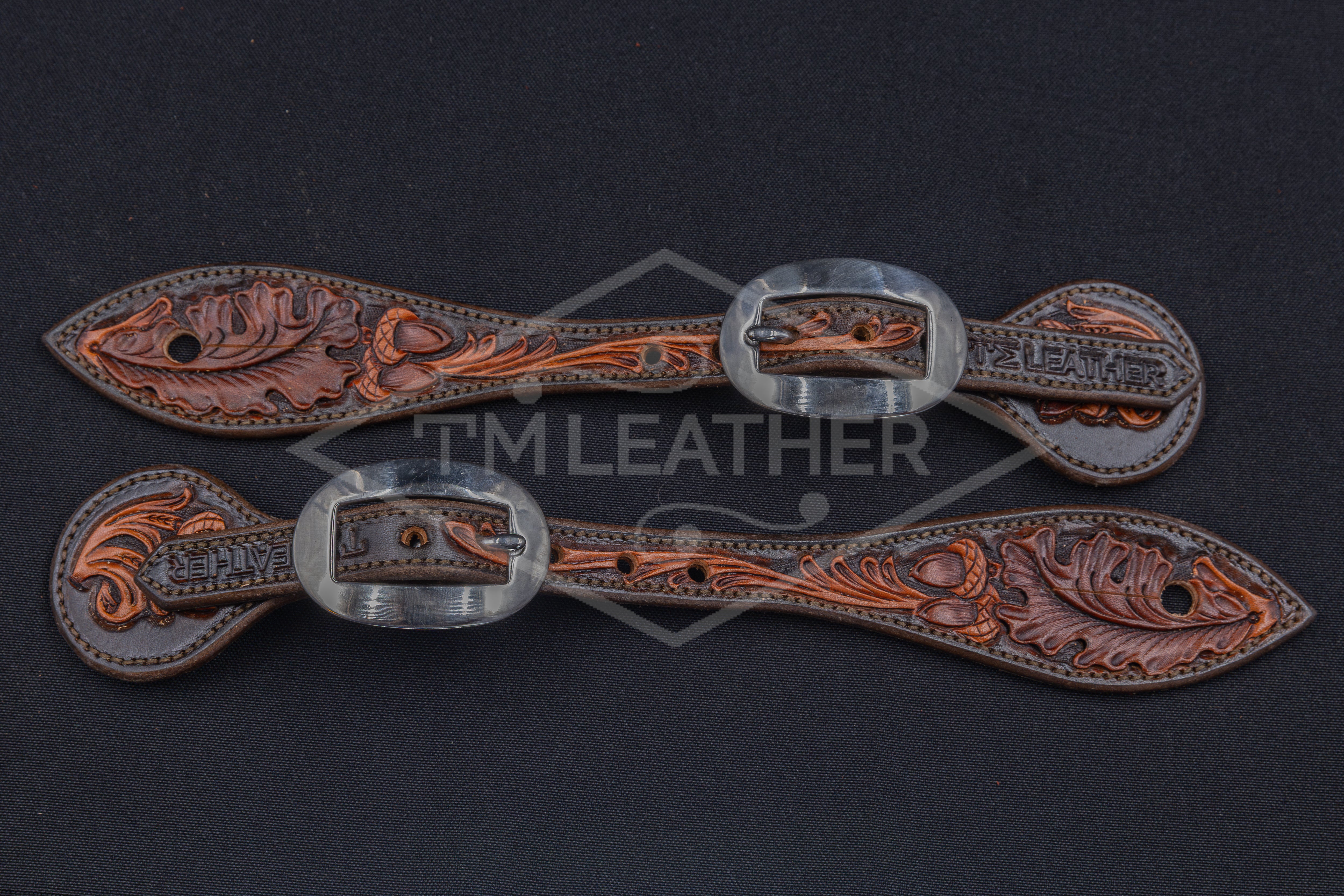 Chocolate, Walnut, & Natural Small Floral Spur Straps w/ Plain Buckles