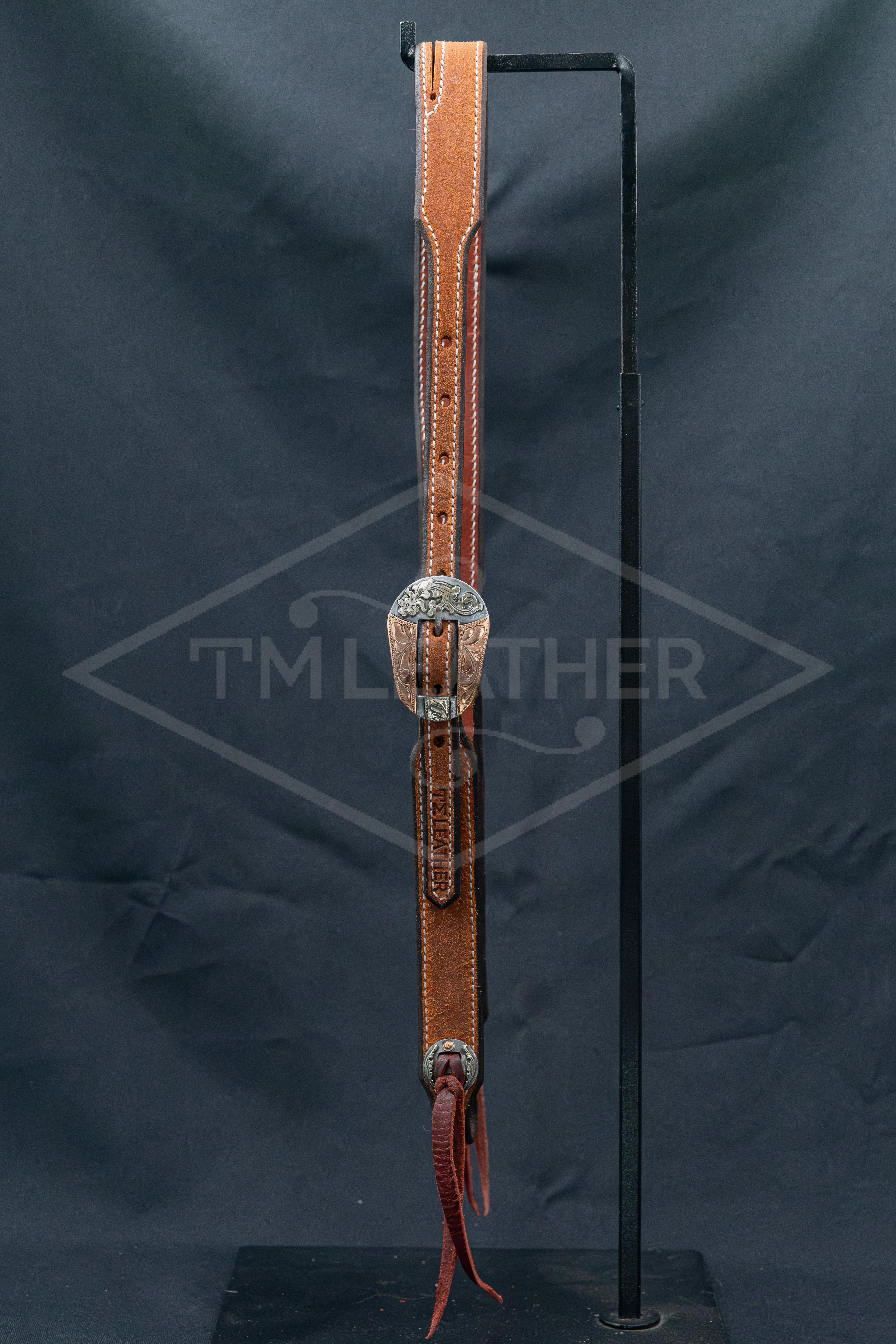 Working Slit Ear Natural Roughout w/ TM Leather Silver Tapered Oval Floral Buckle & Matching Conchos