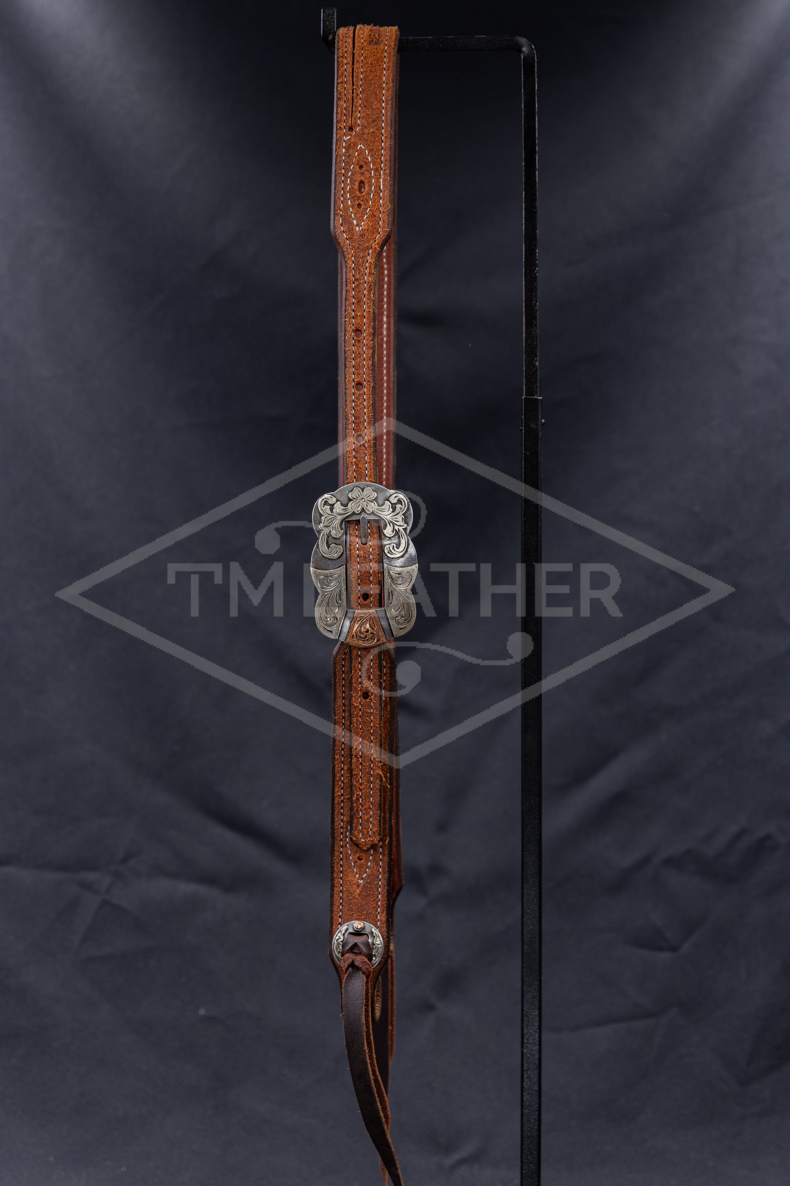 Working Slit Ear Natural Roughout w/ Large Silver Scalloped Cart Floral/Copper Buckle & Matching Conchos w/ Gunslinger Stitching